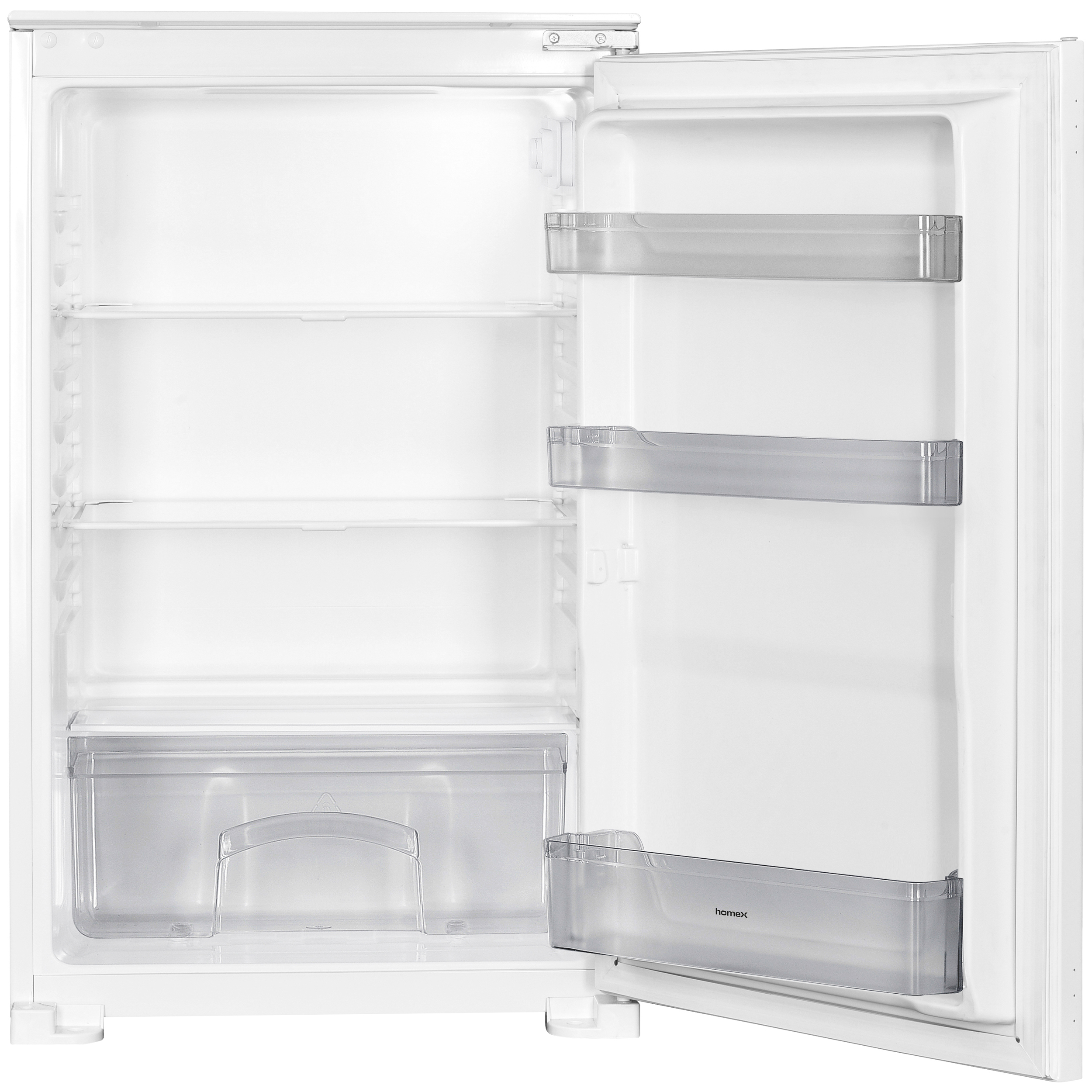 Ein leerer weißer Kühlschrank mit offener Tür, drei Einlegeböden und Türfächern.