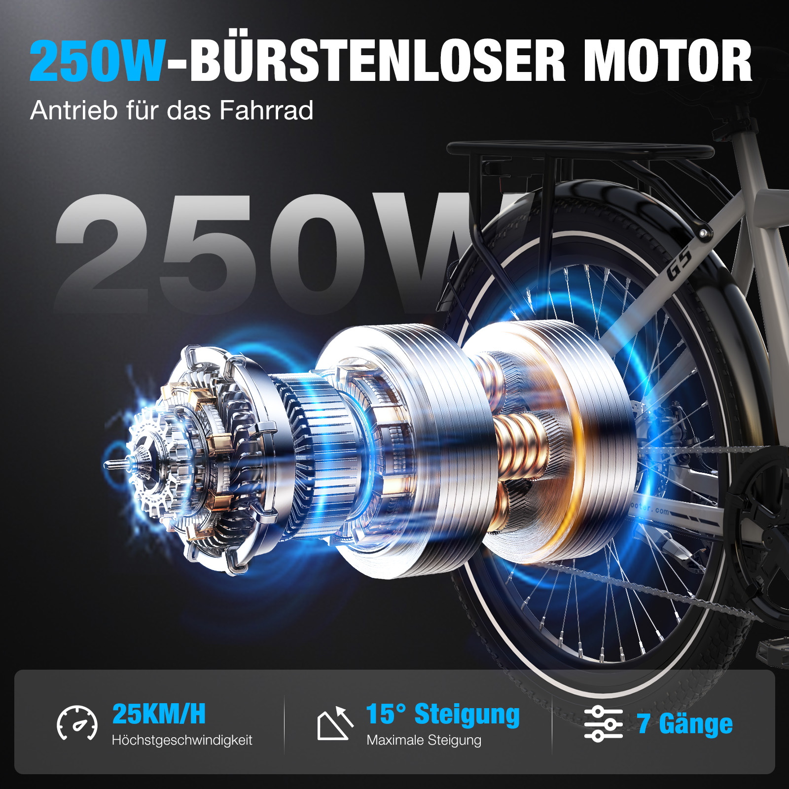 250W Bürstenloser Motor mit Fahrradantrieb, 25km/h, 15° Steigung, 7 Gänge.