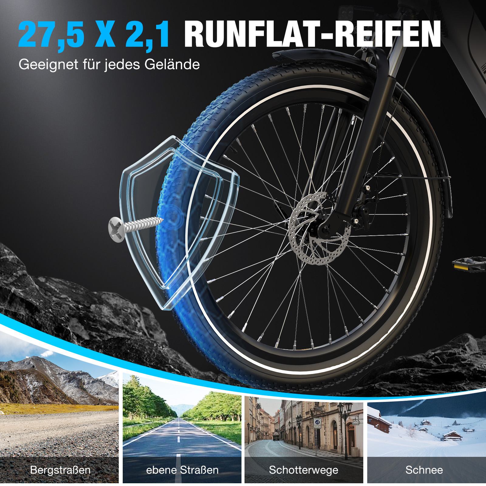Fahrradreifen 27,5x2,1 mit Nagelschutz. Vier Szenarien: Berge, Straße, Schotter, Schnee.