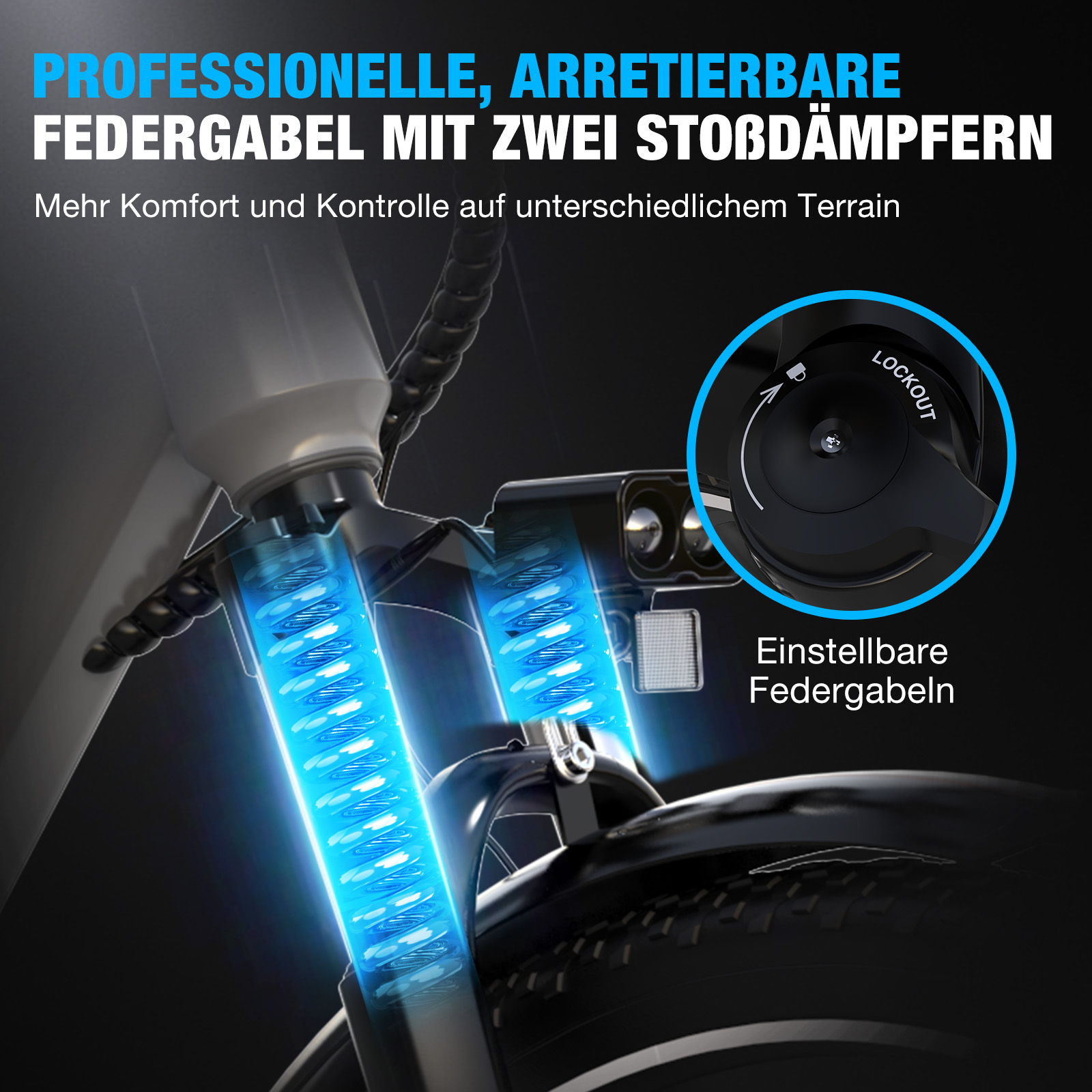 Professionelle Federgabel mit zwei Stoßdämpfern und einstellbarer Lockout-Funktion.