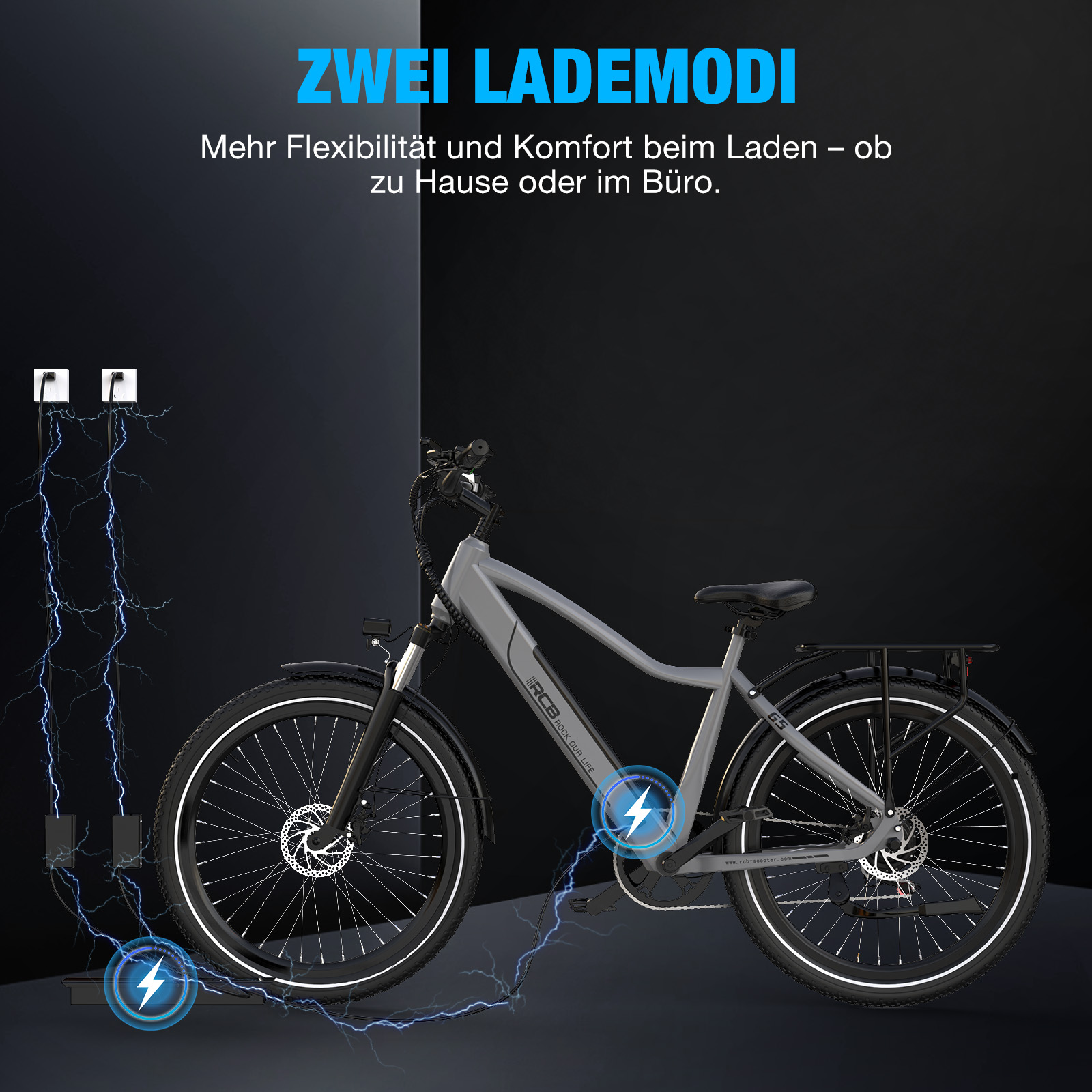 Ein graues E-Bike wird geladen, mit Blitzen, die von Steckdosen ausgehen.