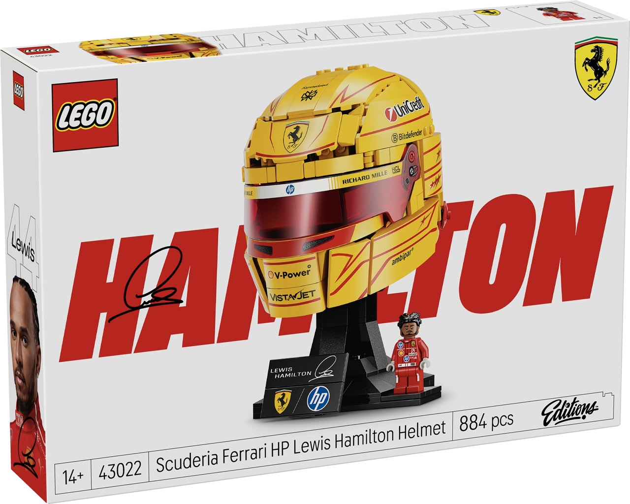 Ferrari logosu ve figürlü LEGO Lewis Hamilton kask kutusu.