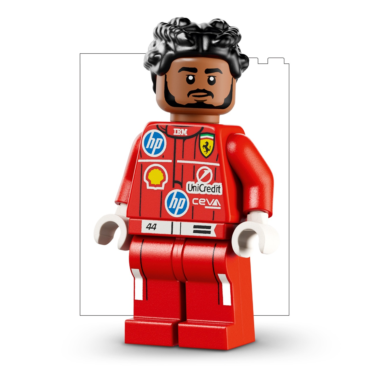 Siyah saçlı kırmızı Lego figürü, logolu kırmızı yarış tulumu giyiyor.