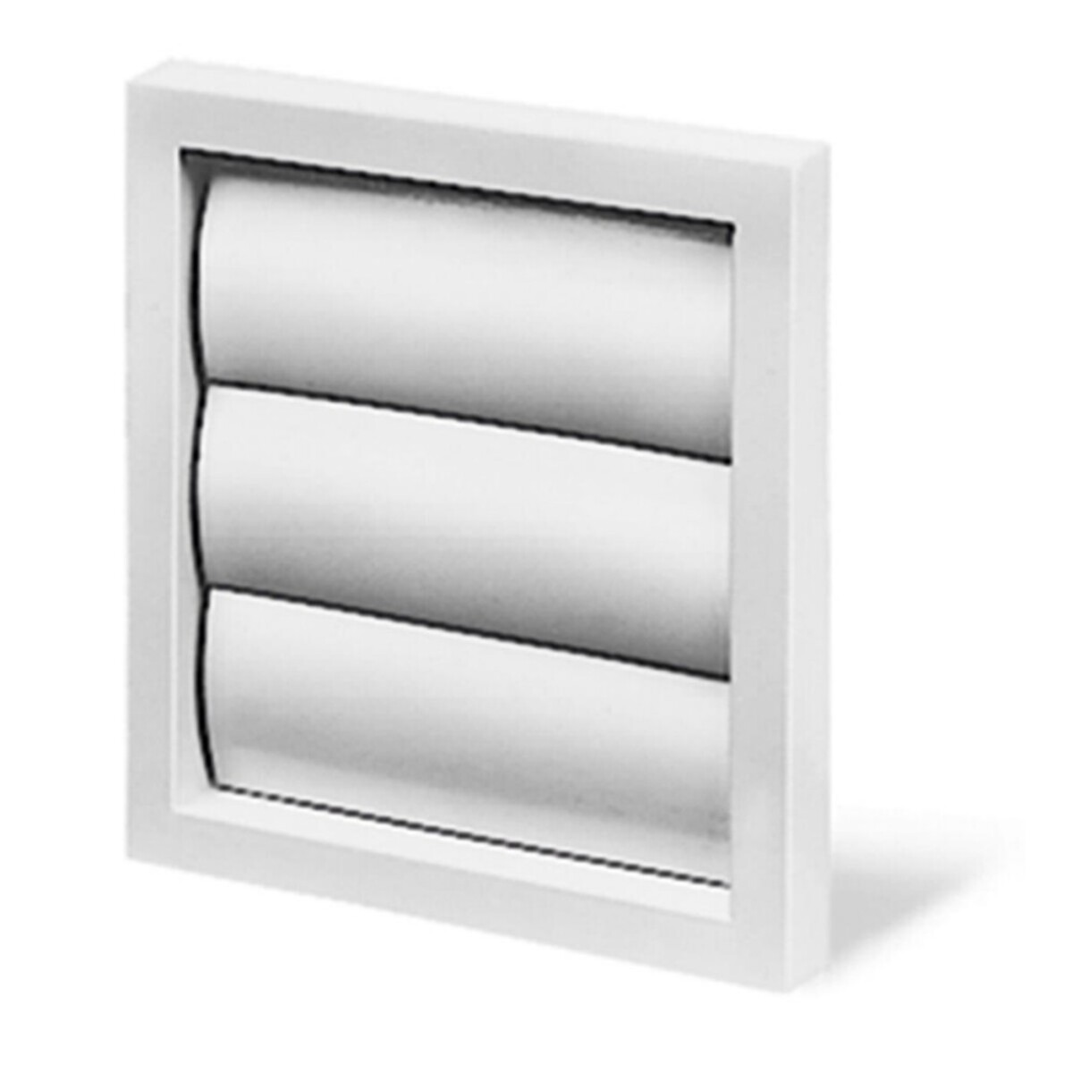 Una griglia di ventilazione bianca con lamelle orizzontali in una cornice quadrata.