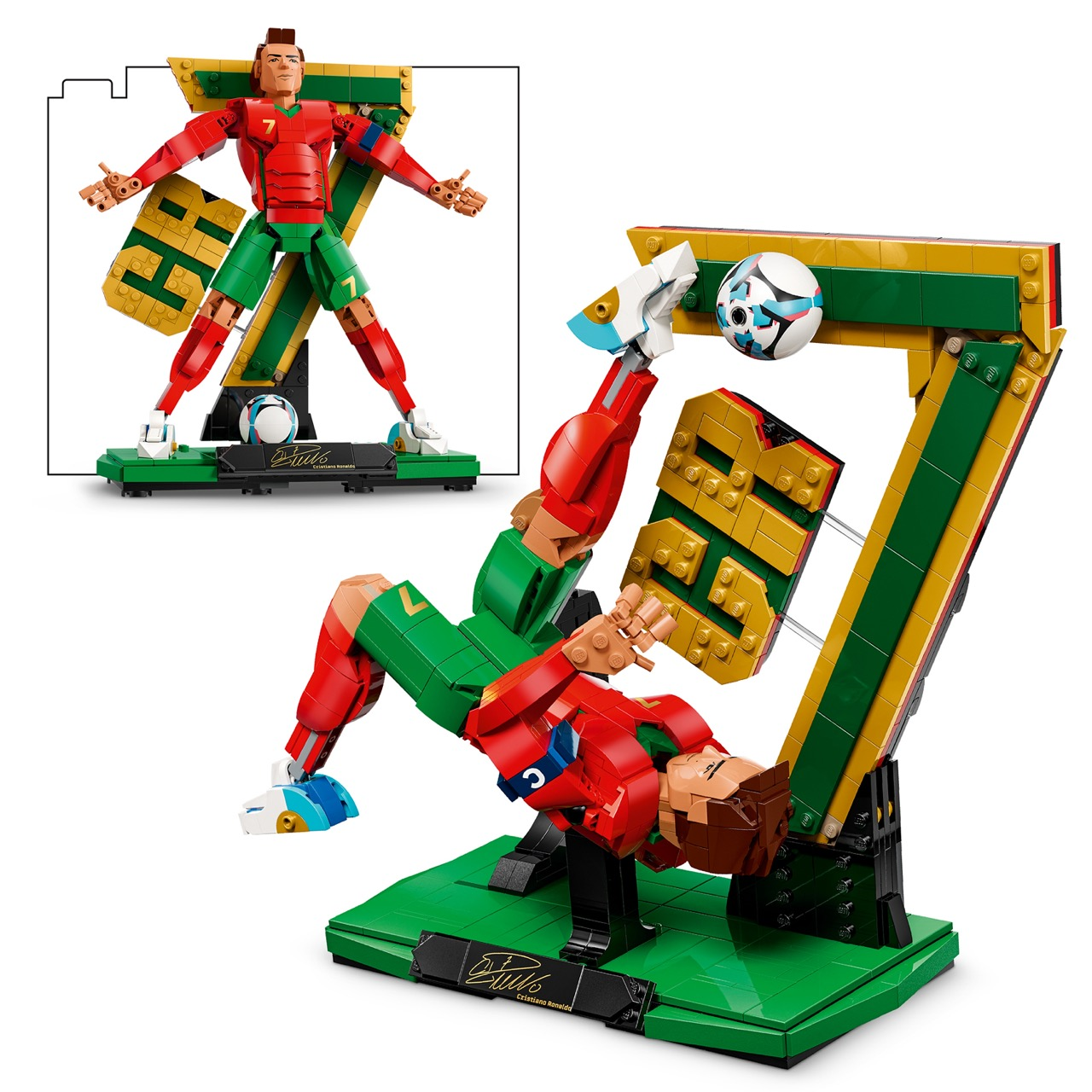 Kırmızı ve yeşil Lego Cristiano Ronaldo figürü, futbol topuna vuruyor.