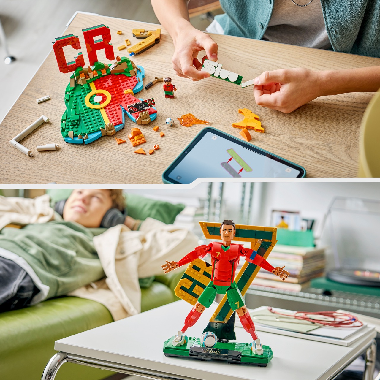 Üst: Eller CR7 Lego sergisi inşa ediyor. Alt: Sergilenen Lego Cristiano Ronaldo figürü.