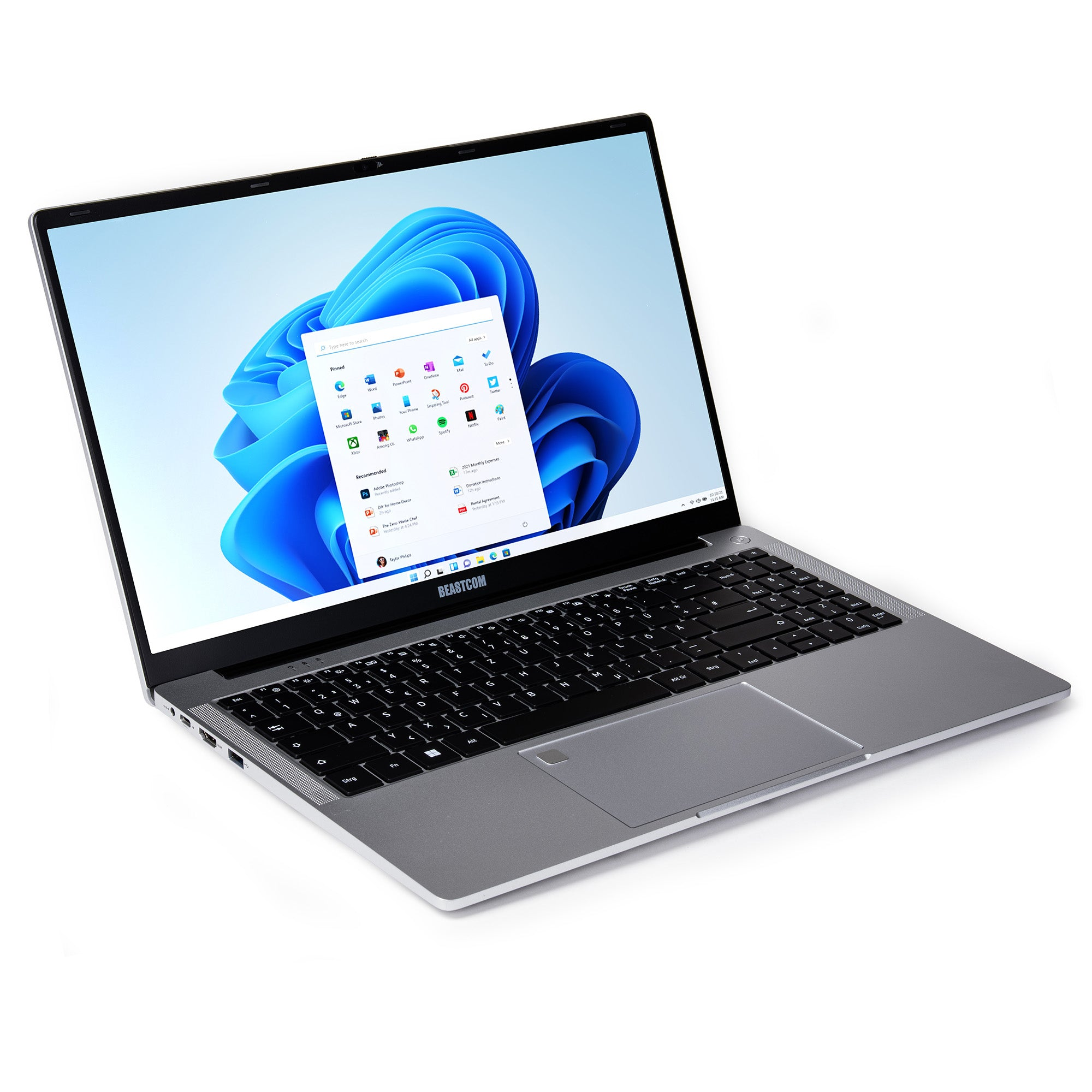 Ein silberner Laptop mit Windows 11 ist geöffnet und zeigt ein Menü an.