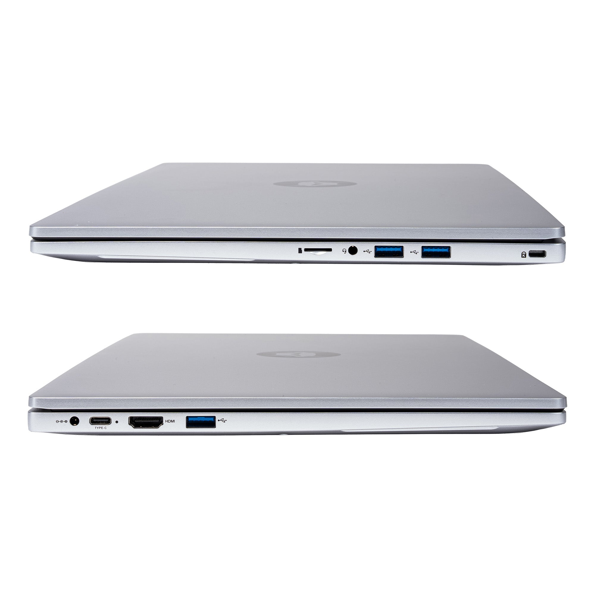 Zwei silberne Laptops nebeneinander, die Seitenansicht von Anschlüssen und Logos zeigt.