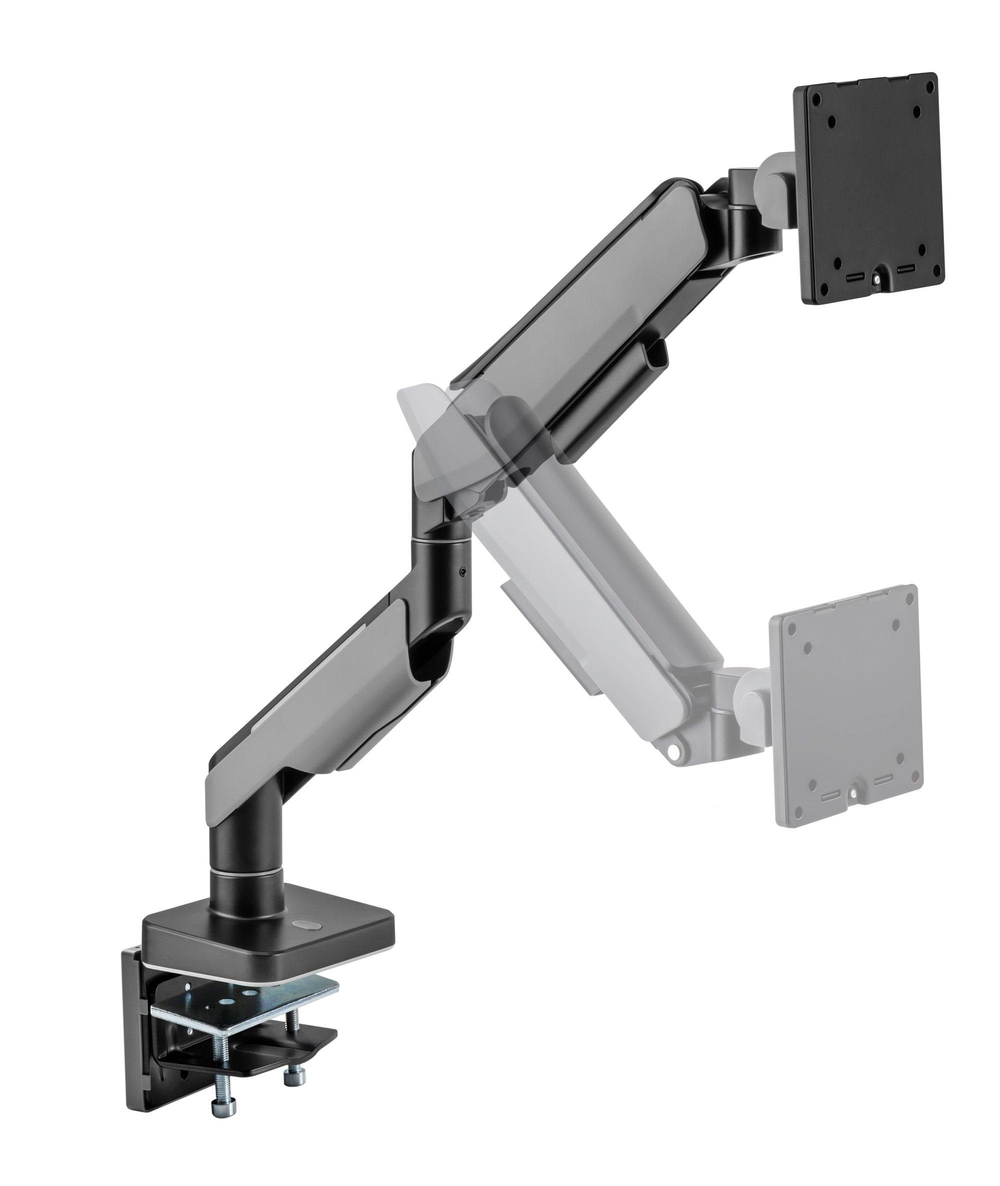 Ein schwarzer Monitorarm mit Klemme, der an einem Schreibtisch befestigt ist.