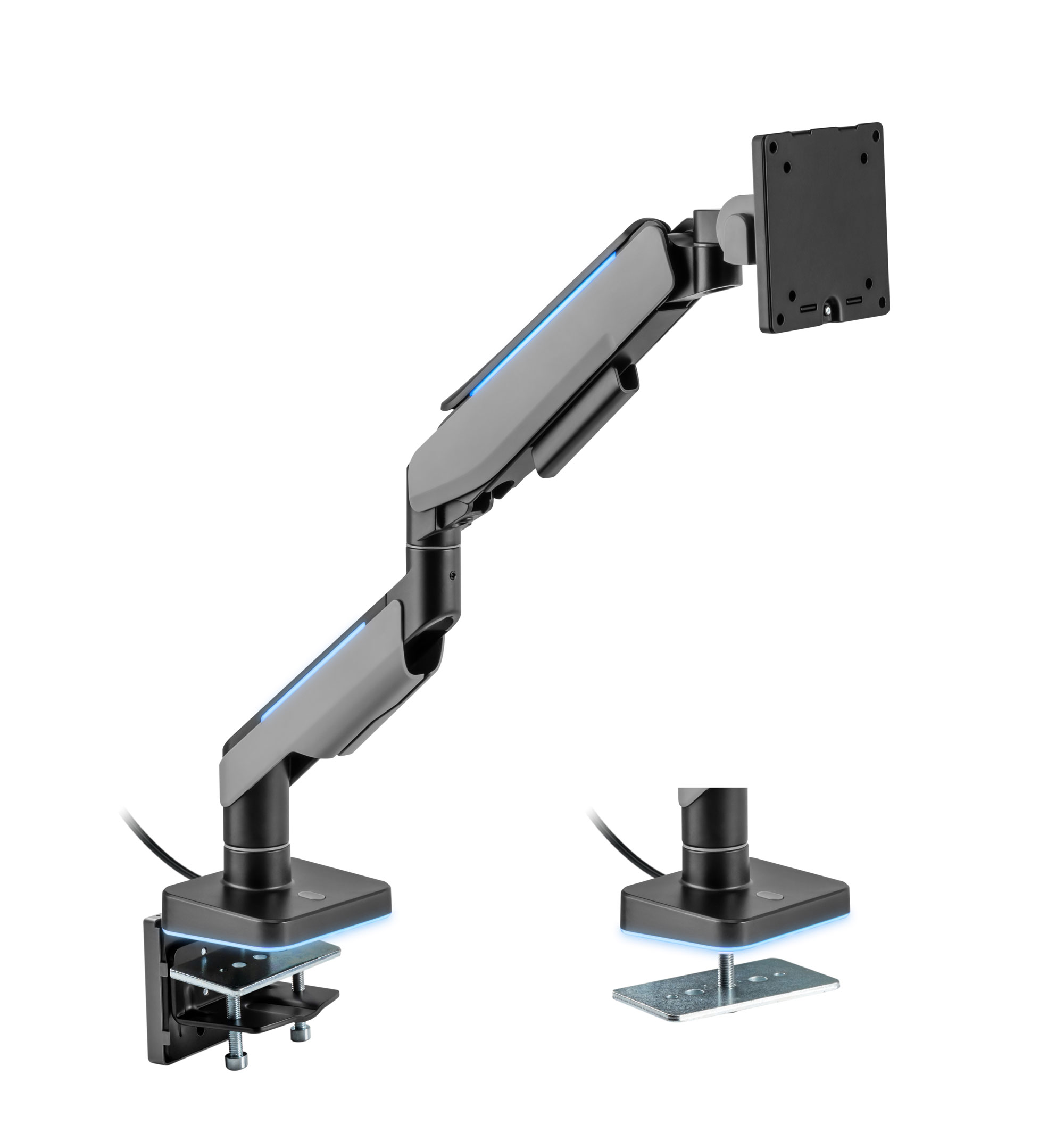 Ein flexibler Monitorarm aus grauem und schwarzem Metall mit blauen LED-Akzenten.