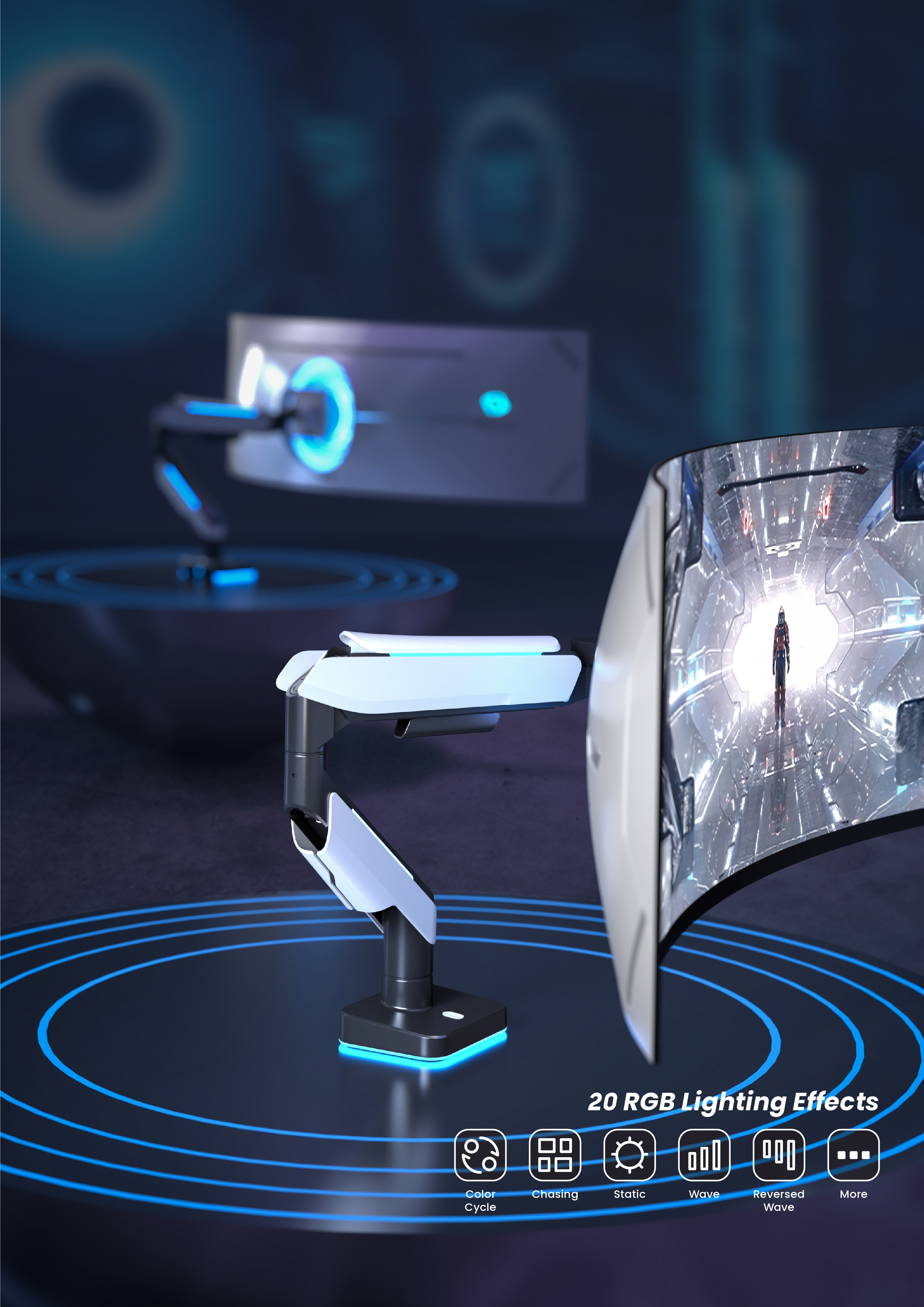 Ein weißer und schwarzer Monitorarm mit blauer Beleuchtung. Ein gekrümmter Monitor zeigt einen Sci-Fi-Flur.