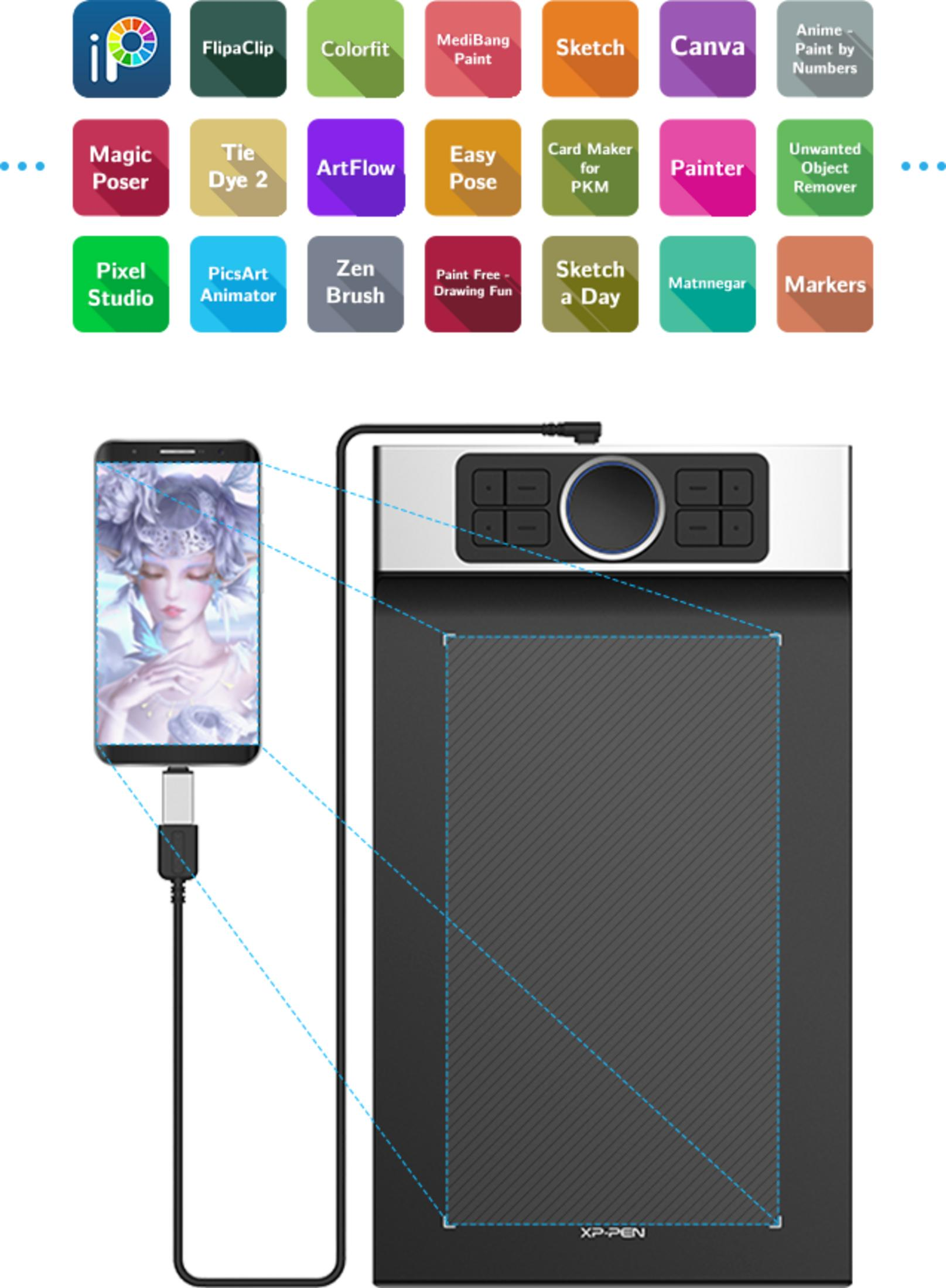 Un smartphone que muestra arte digital está conectado por cable a una tableta gráfica.