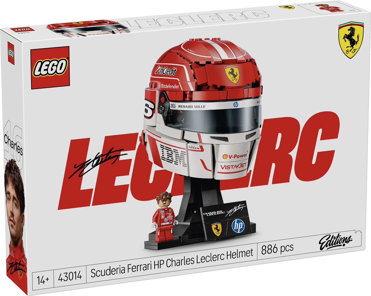 Pudełko Lego z kaskiem Ferrari Charlesa Leclerca, zawiera ludzika.