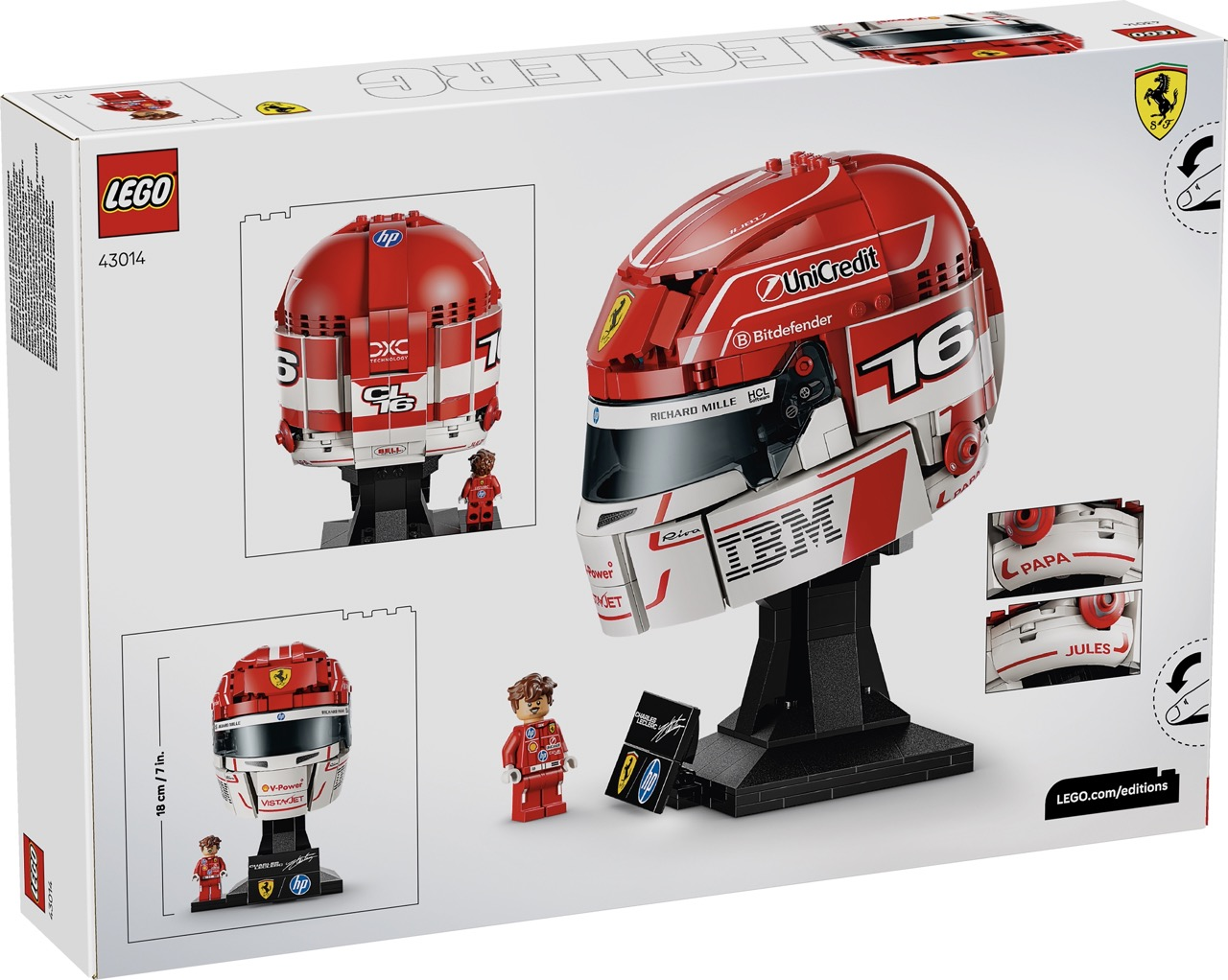Zestaw konstrukcyjny kasku LEGO Ferrari z minifigurkami i naklejkami. Kolory czerwony i biały.
