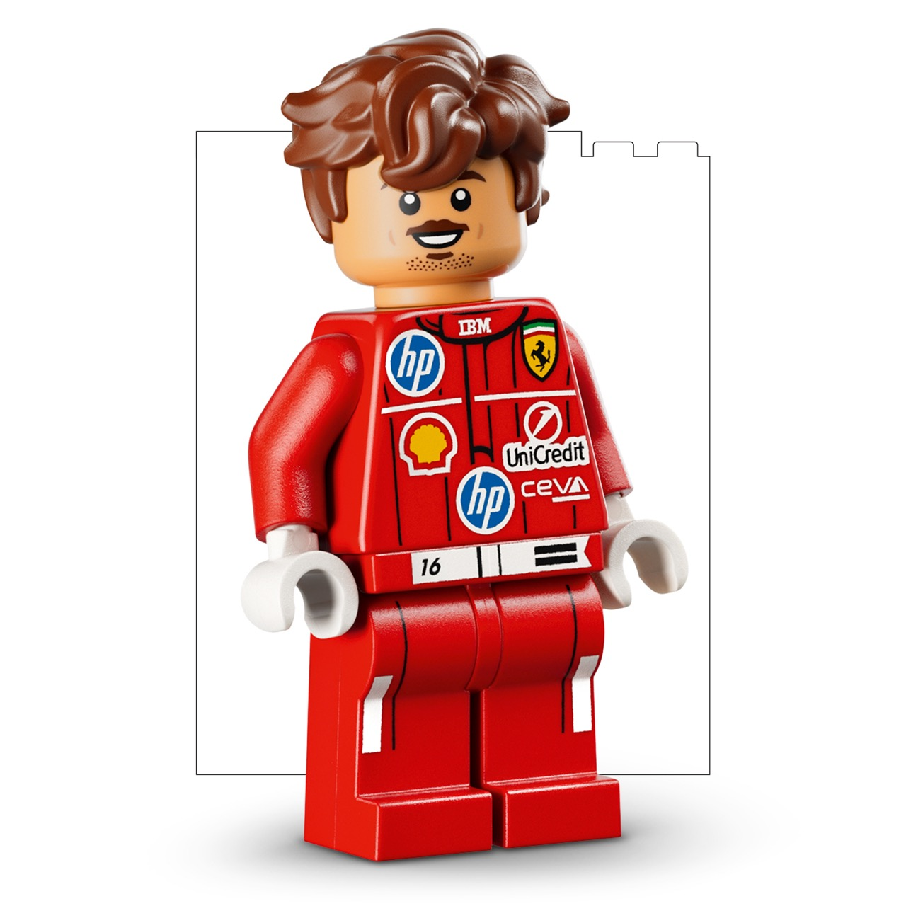 Figurka Lego w czerwonym kombinezonie wyścigowym z logotypami sponsorów i brązowymi włosami.