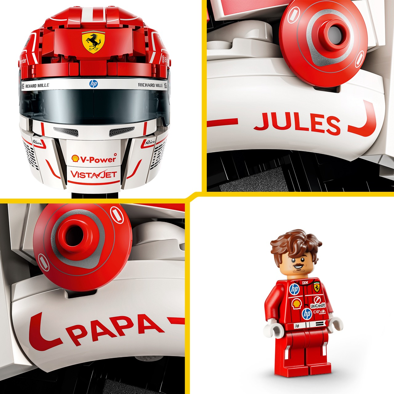 Kask wyścigowy Ferrari i minifigurka z logo sponsorów na białym i czerwonym tle.