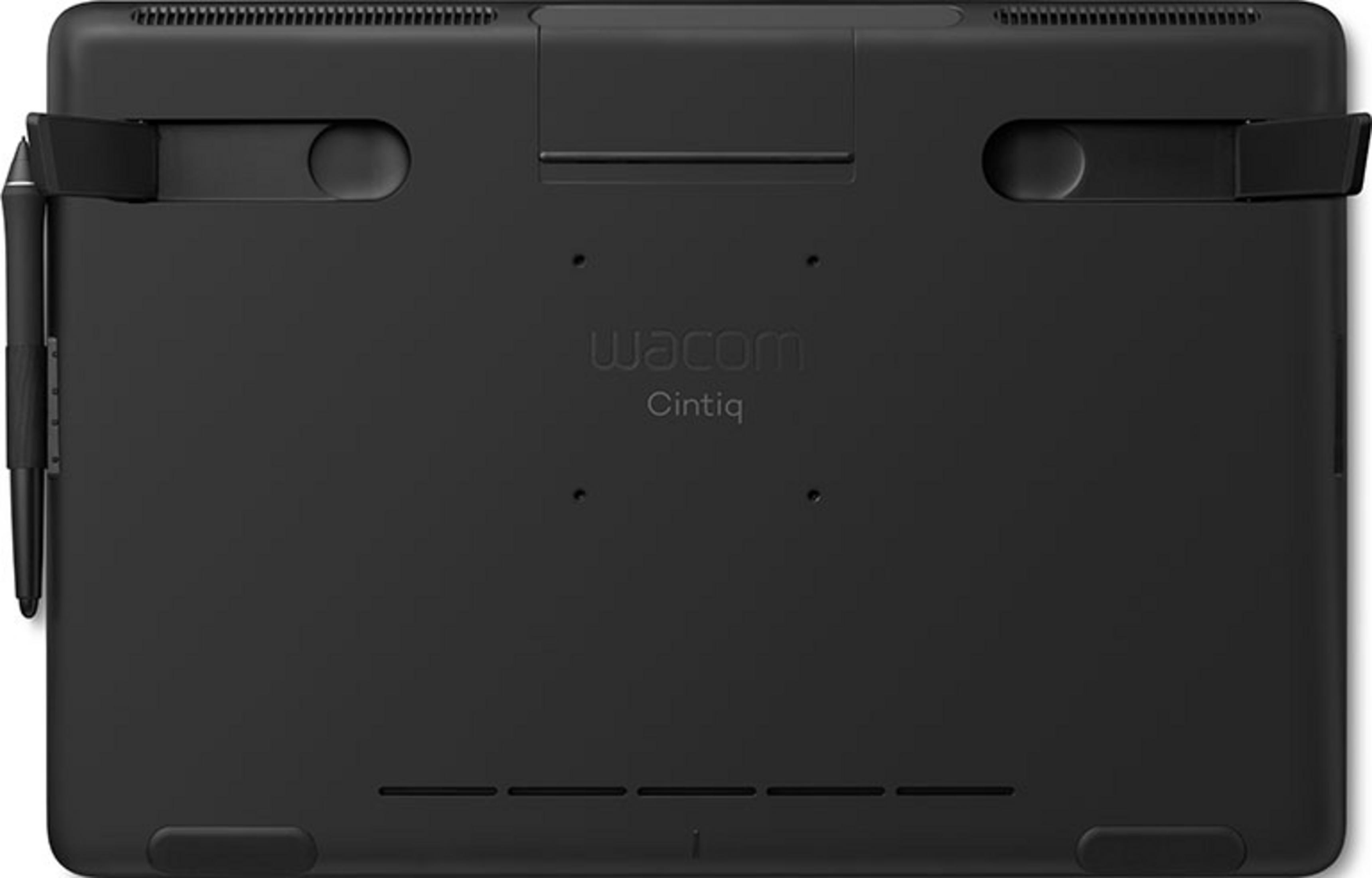 Die Rückseite eines schwarzen Wacom Cintiq Tablets mit Stifthalter.