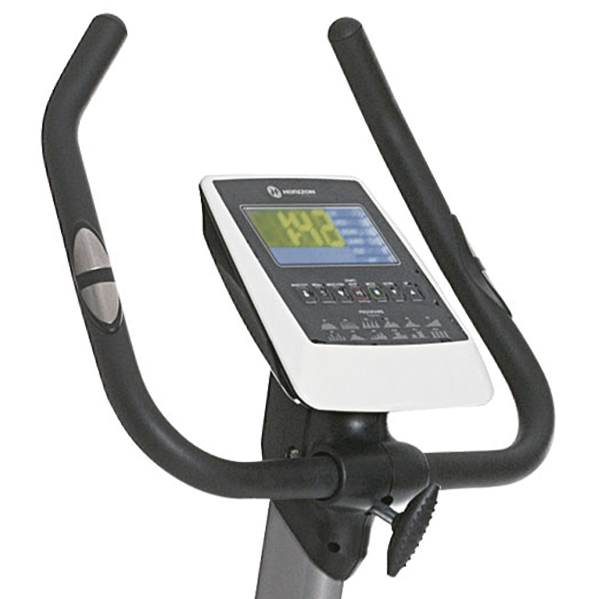 Manillar de bicicleta estática con pantalla digital mostrando datos.