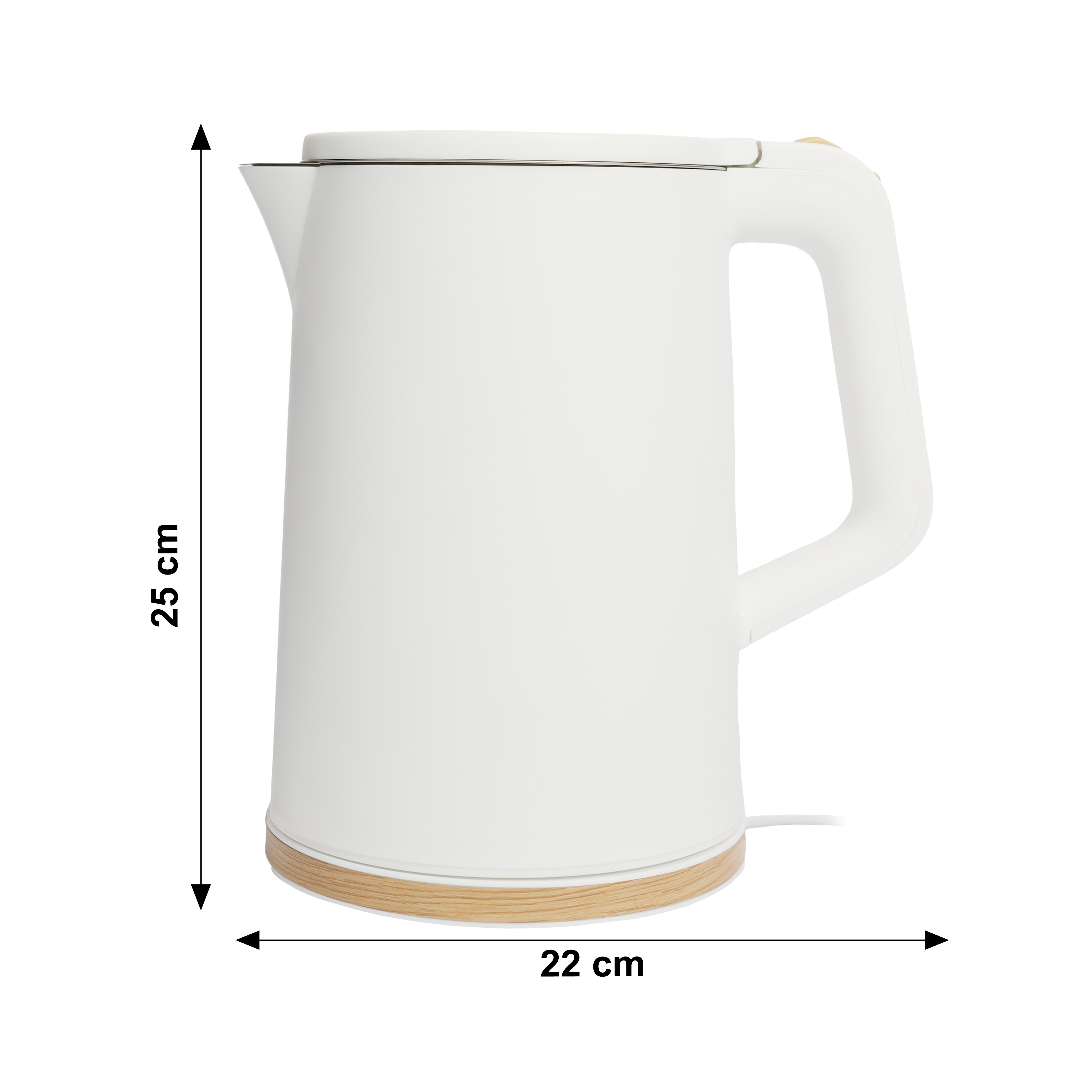 Biały czajnik z drewnianymi akcentami, wysokość 25 cm, szerokość 22 cm.