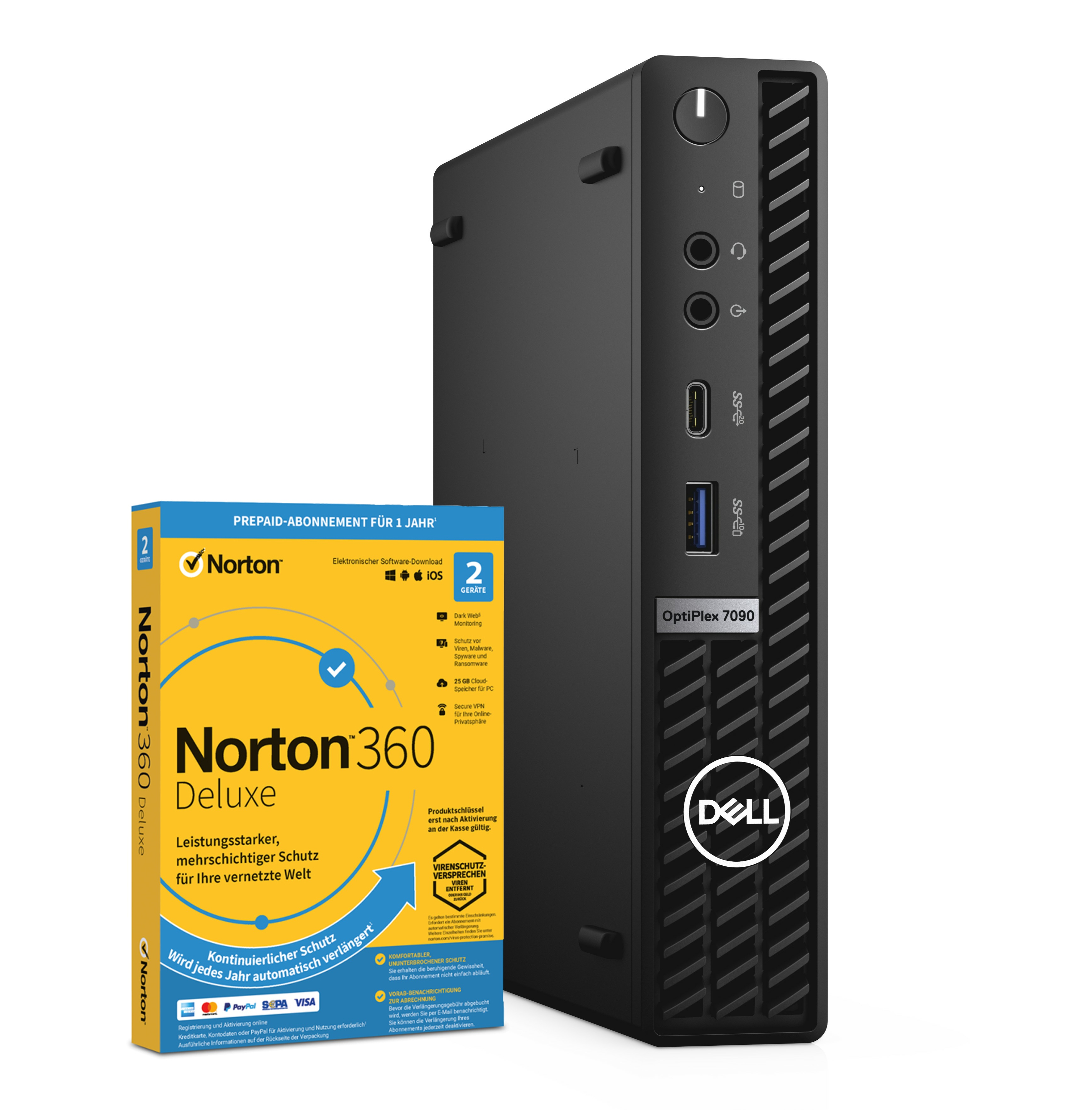 Komputer Dell OptiPlex 7090 i pudełko oprogramowania Norton 360 Deluxe.