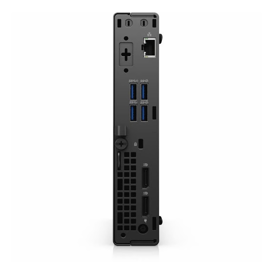 Tylny panel czarnego komputera: porty USB, Ethernet, DisplayPort, przycisk zasilania.