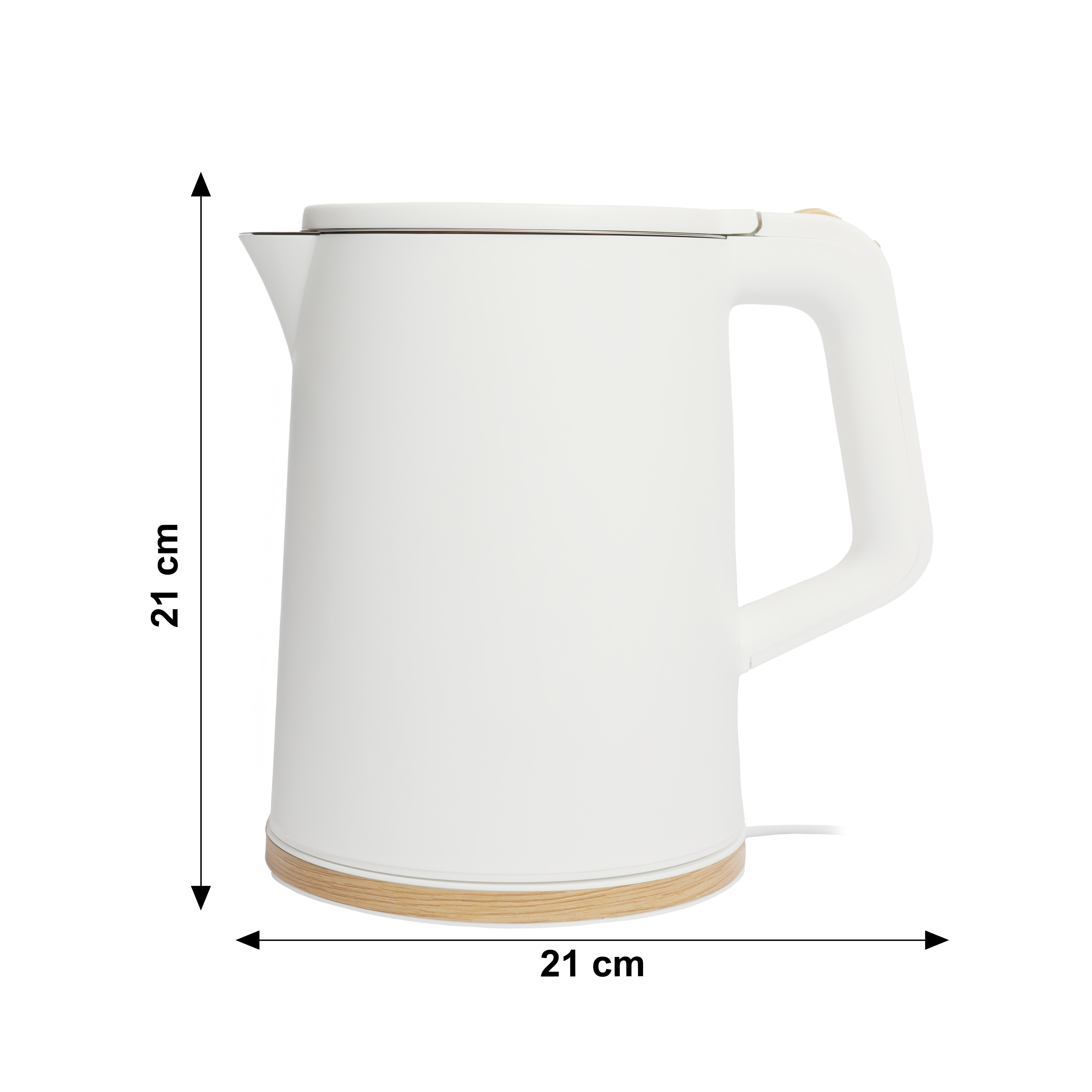 Biały czajnik z drewnianymi detalami, o wysokości i szerokości 21 cm.