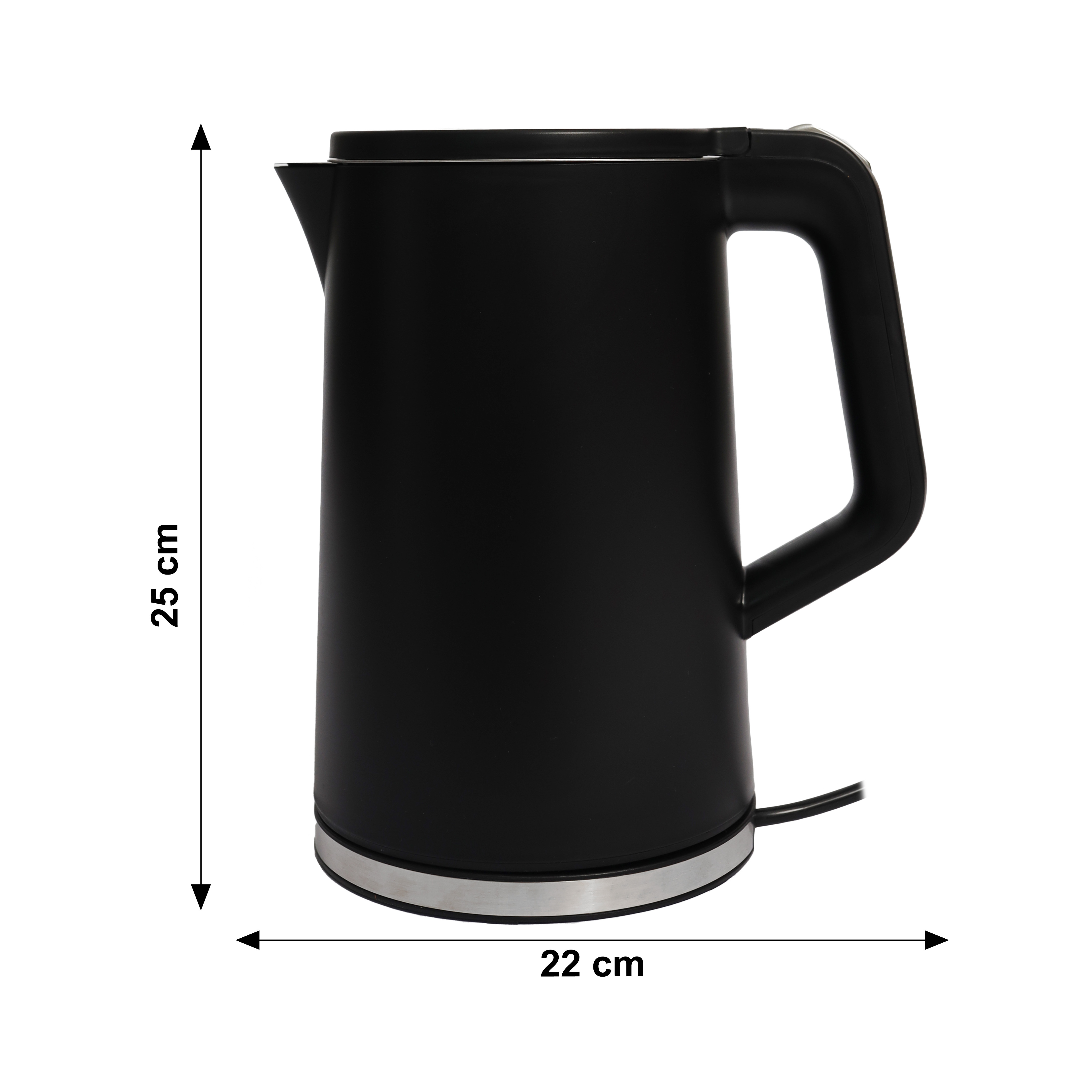Czajnik elektryczny czarny z srebrną obręczą, 25 cm wysoki, 22 cm szeroki.