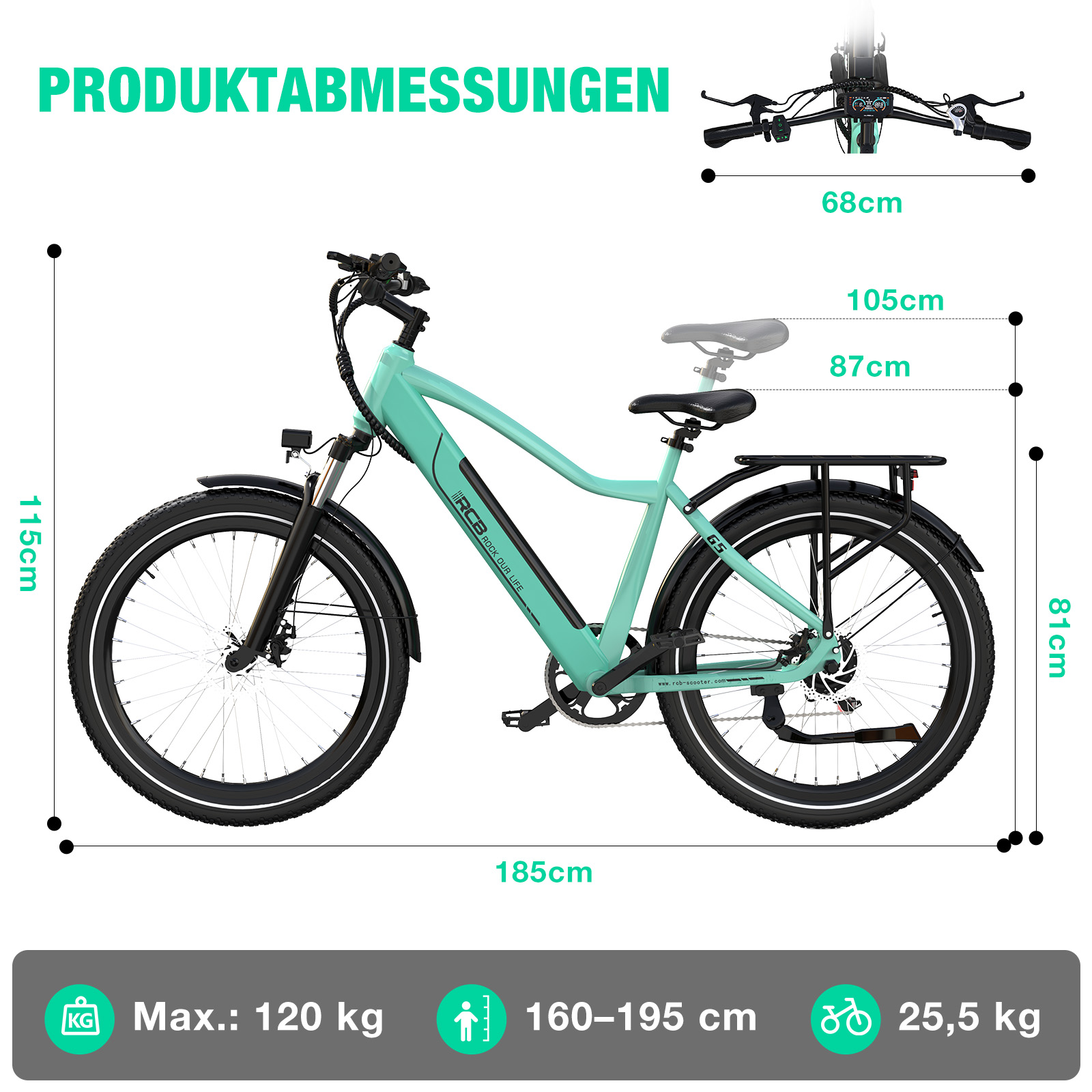 Türkis E-Bike: 115cm hoch, 185cm lang. Lenkerbreite 68cm. Sattelhöhen 87cm/105cm. Radhöhe 81cm.