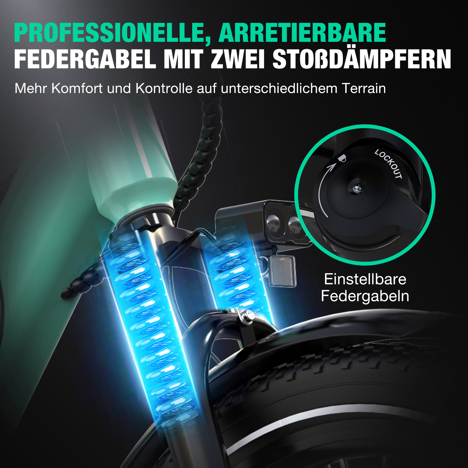 Fokus auf Fahrradfederung mit Dämpfer und Einstellknopf.