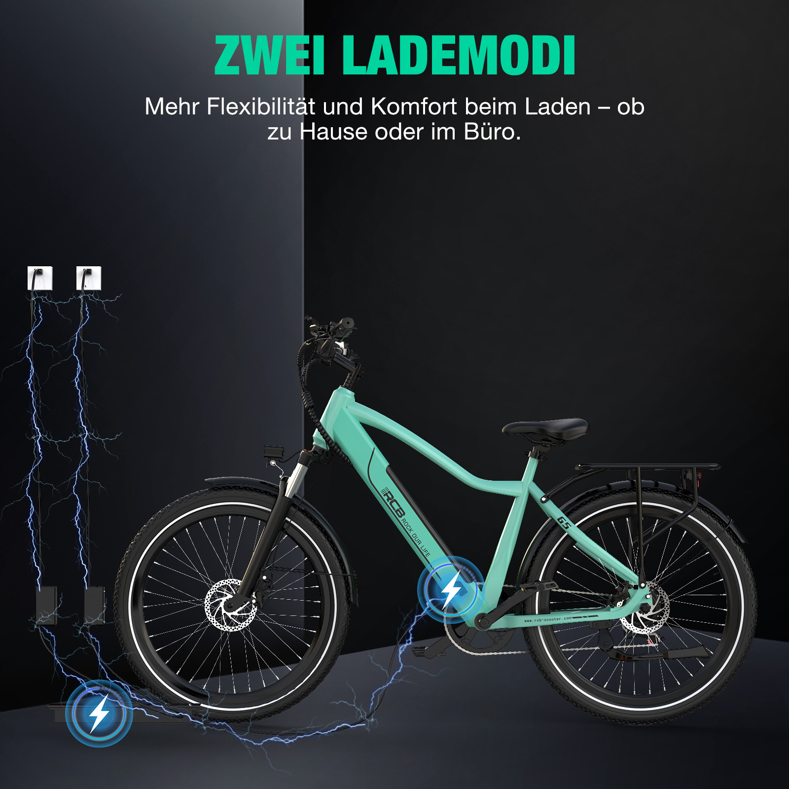 Ein mintgrünes E-Bike wird geladen. Blitze zeigen Stromfluss zu den Steckdosen.