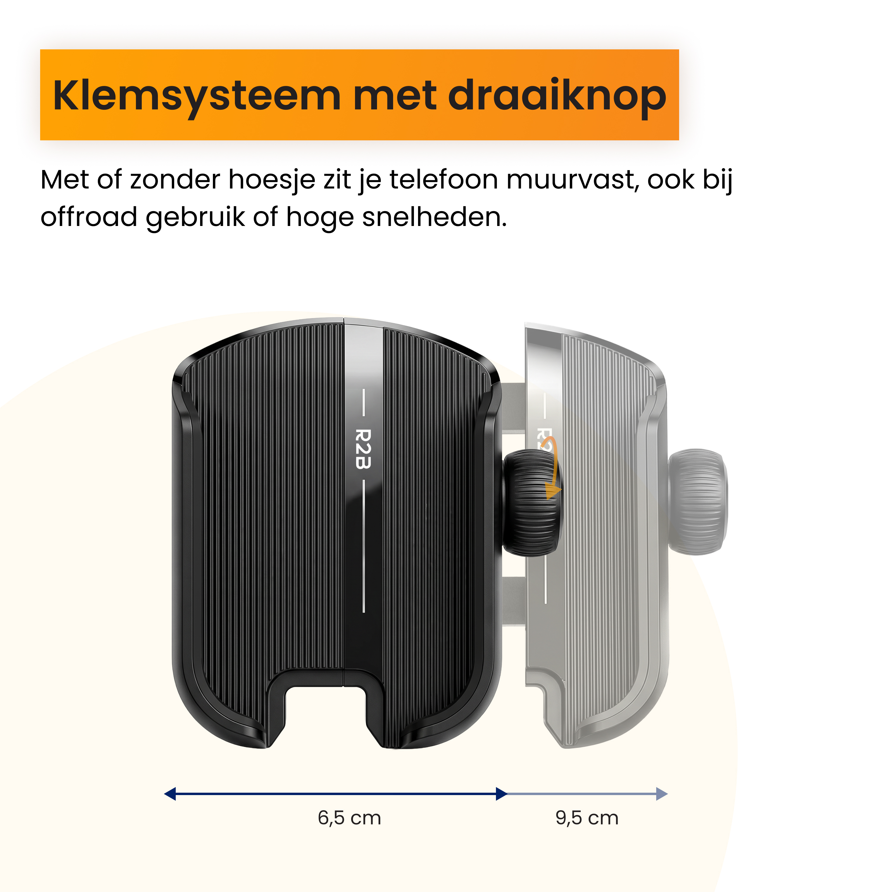 Support téléphone noir avec bouton moleté, indicateur largeur 6,5-9,5 cm.