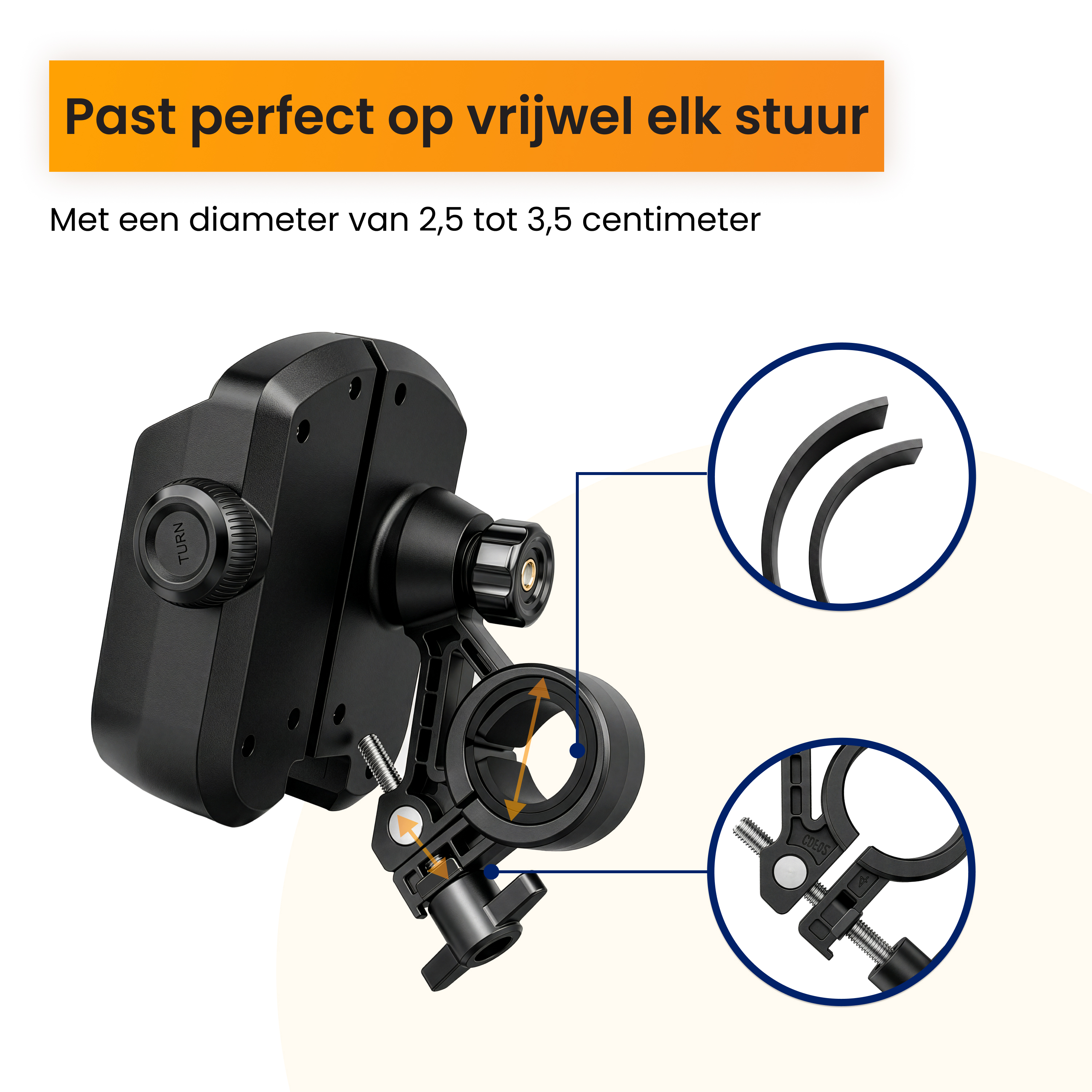 Un support noir pour guidon de vélo avec mécanisme de réglage et dimensions.