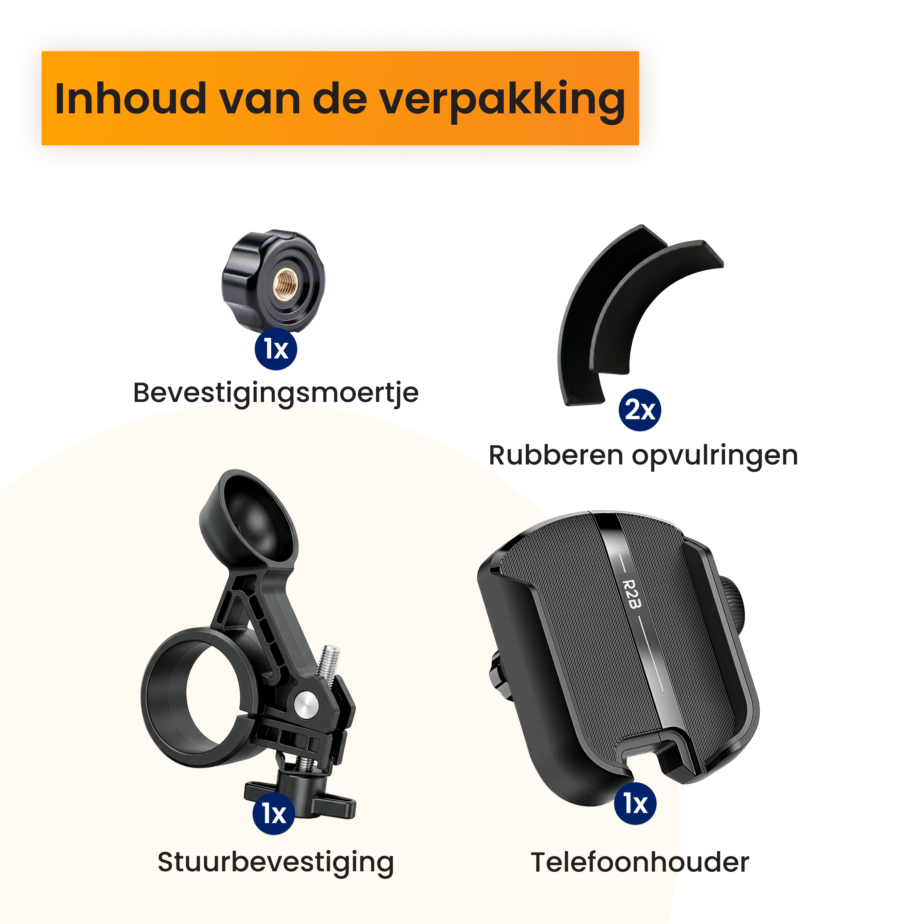 Contenu de l'emballage : 1x écrou de fixation, 2x coussinets en caoutchouc, 1x support guidon, 1x support téléphone.