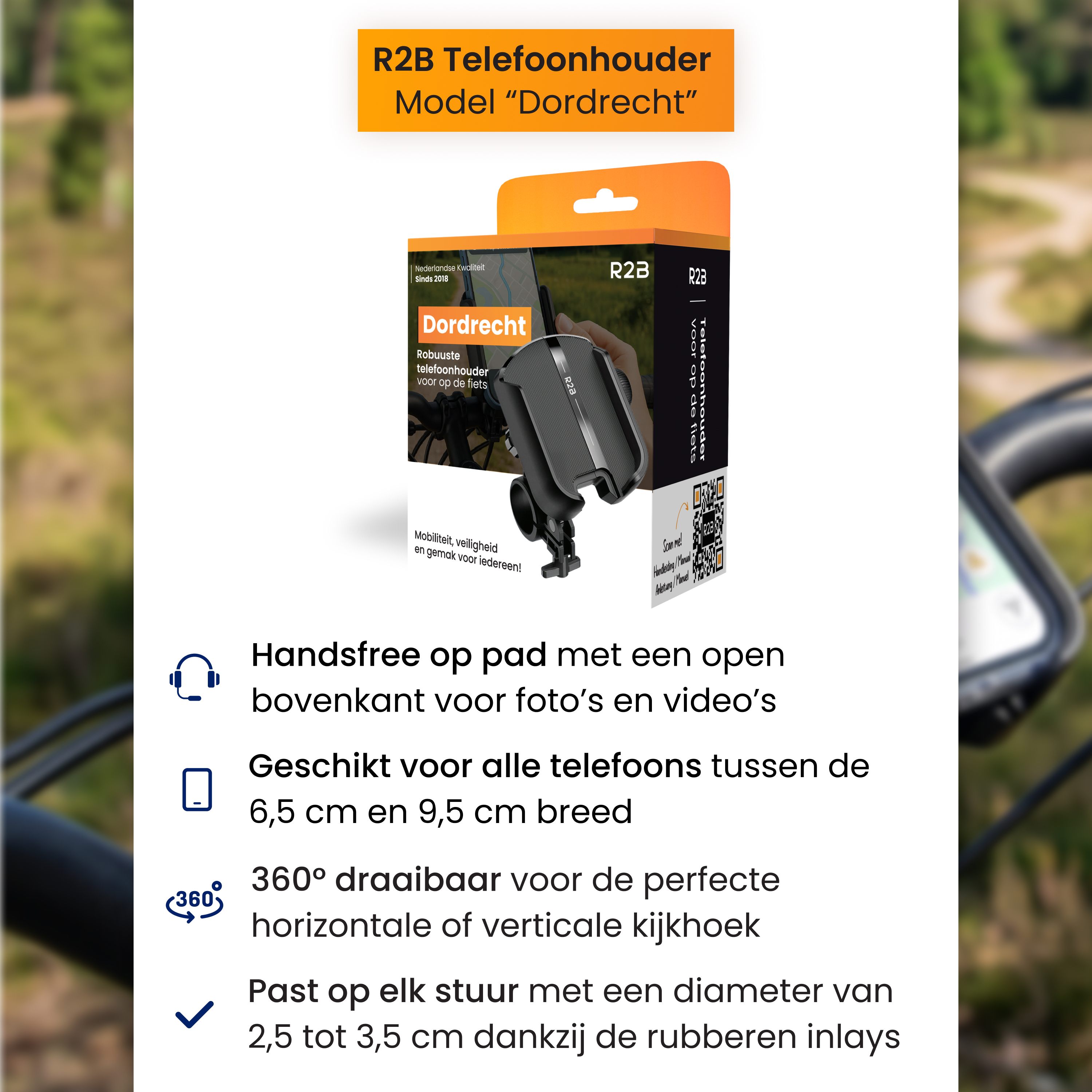 Support R2B Dordrecht : mains libres, 6,5-9,5cm, rotation 360°.