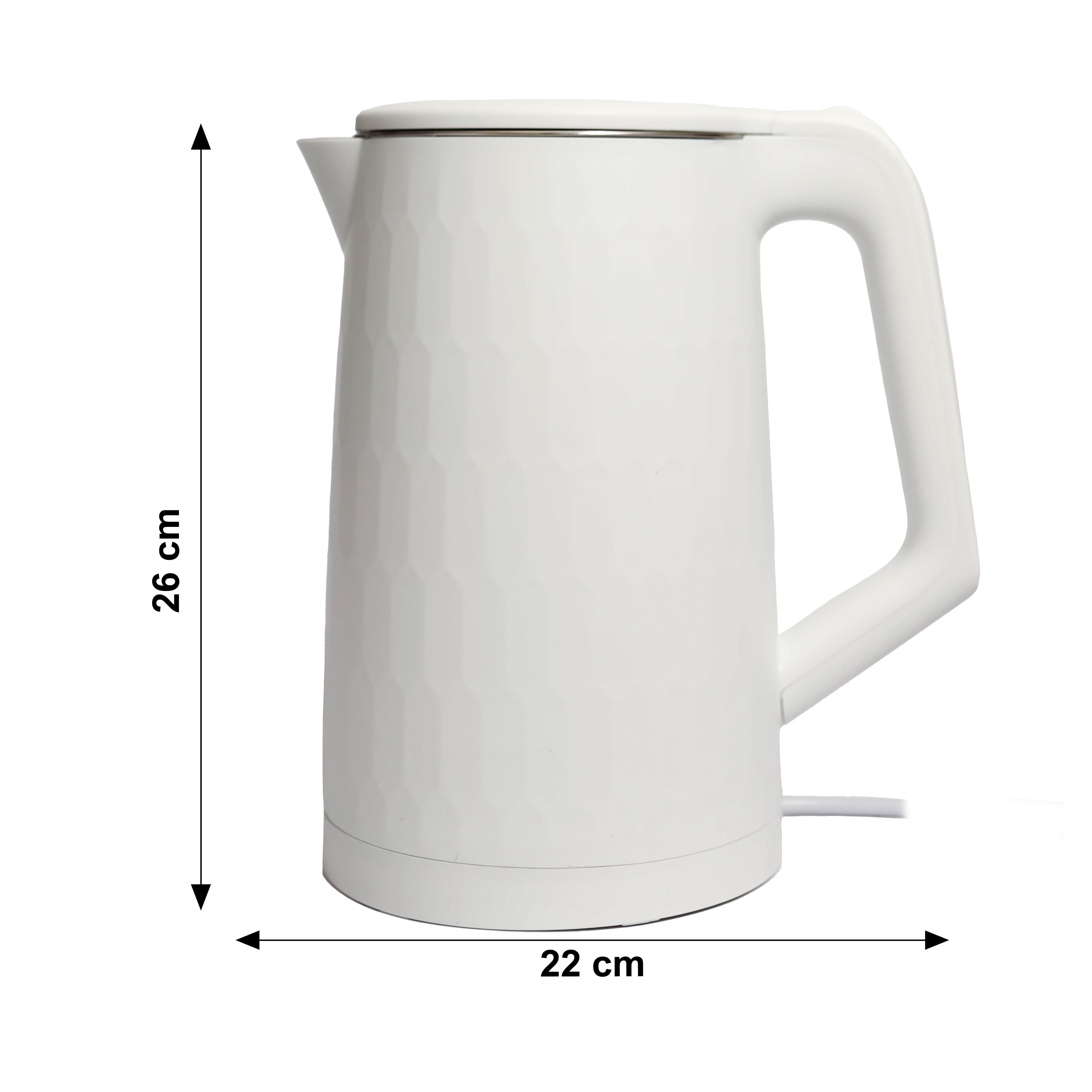 Biały czajnik z fakturą, wysokość 26 cm, szerokość 22 cm.