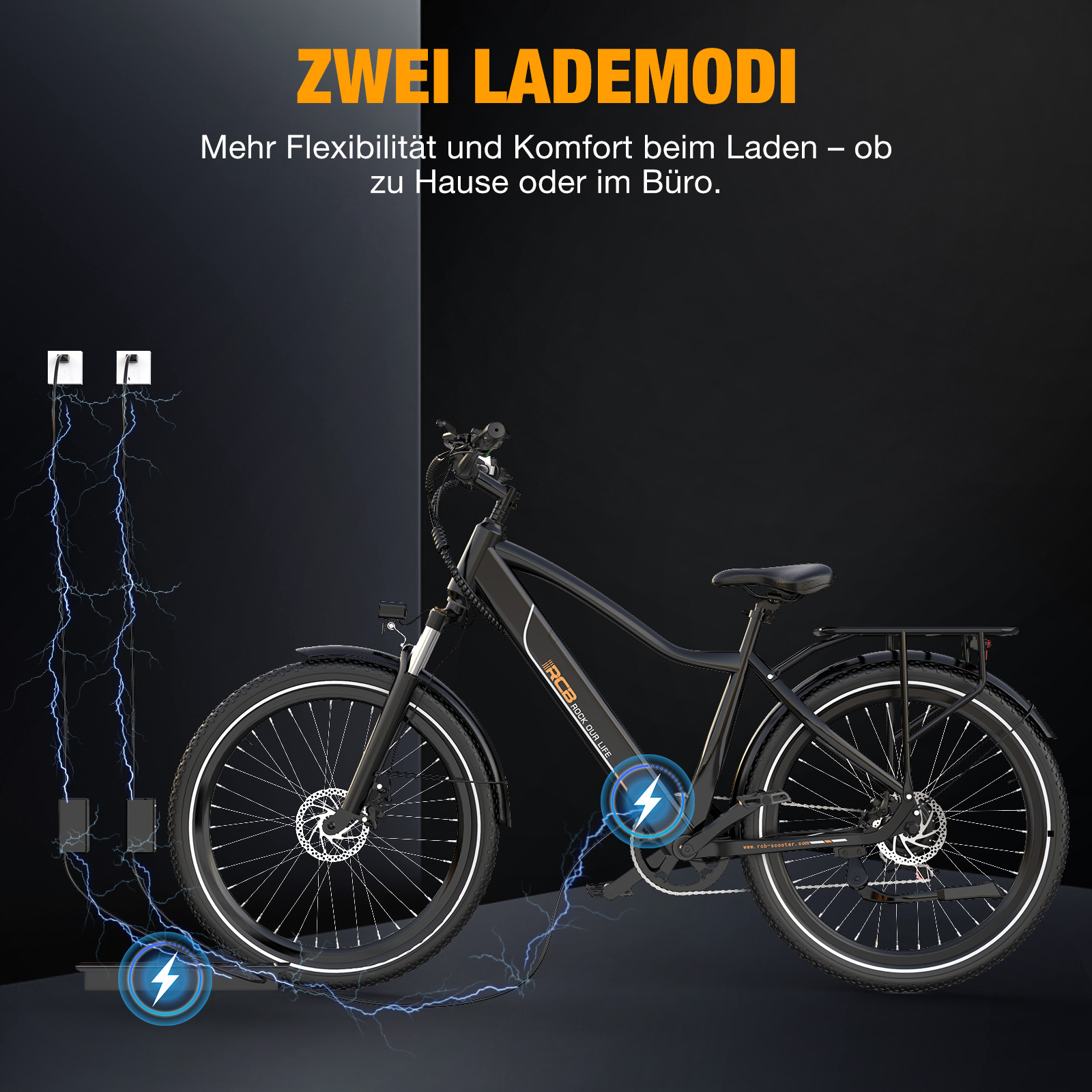 Schwarzes E-Bike wird mit Strom von Steckdosen geladen. Text: Zwei Lademodi.