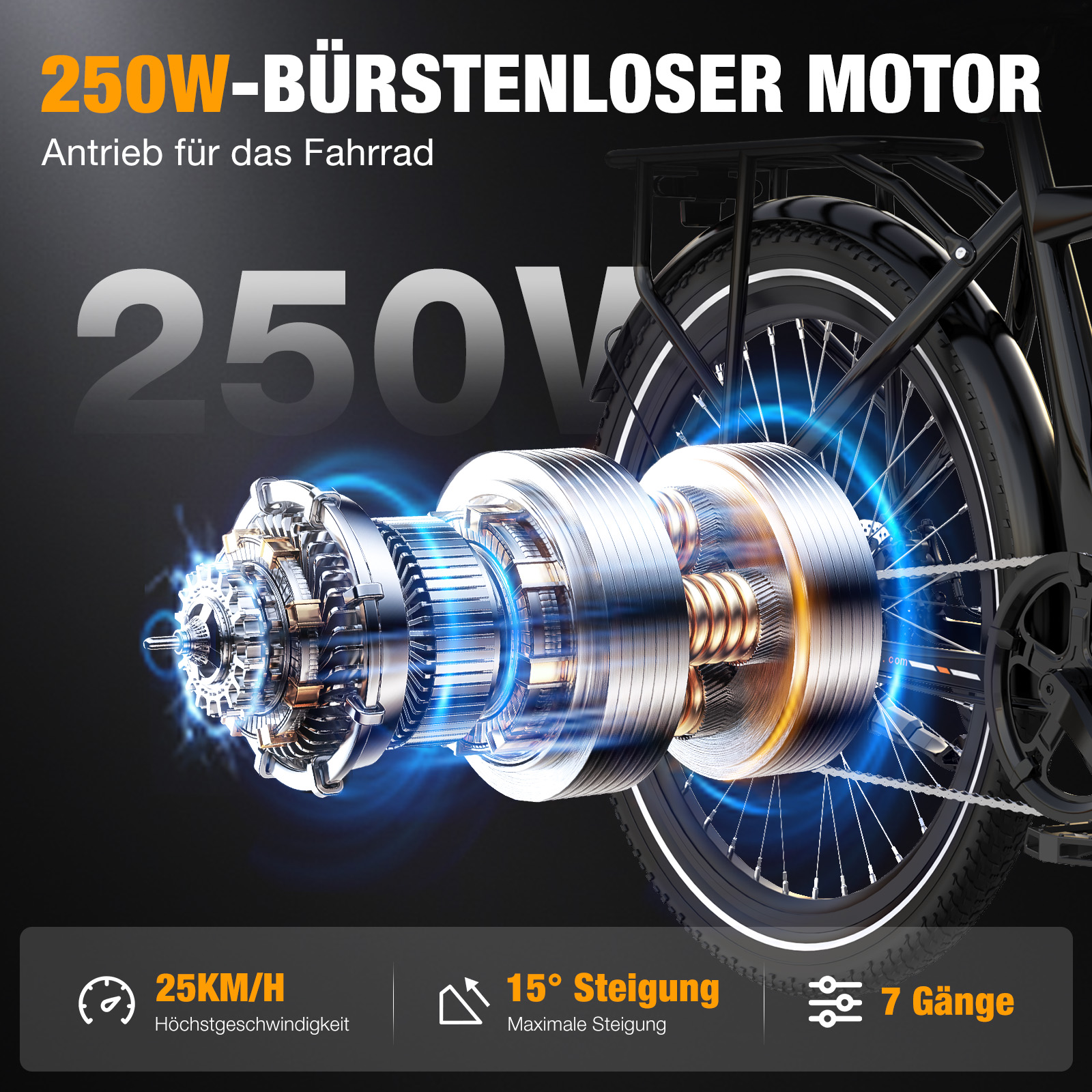 Fahrradmotor: 250W, 25 km/h, 15° Steigung, 7 Gänge.