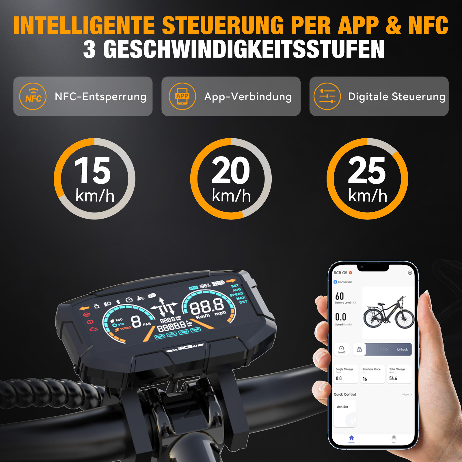 Intelligente Steuerung per App & NFC, 3 Geschwindigkeitsstufen, 15, 20, 25 km/h.