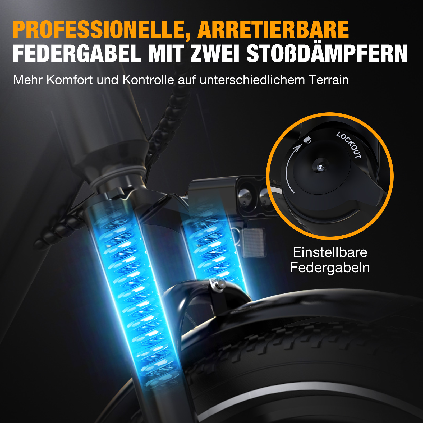 Detailaufnahme einer schwarzen Fahrradfedergabel mit blauen Federn und einem Lockout-Regler.