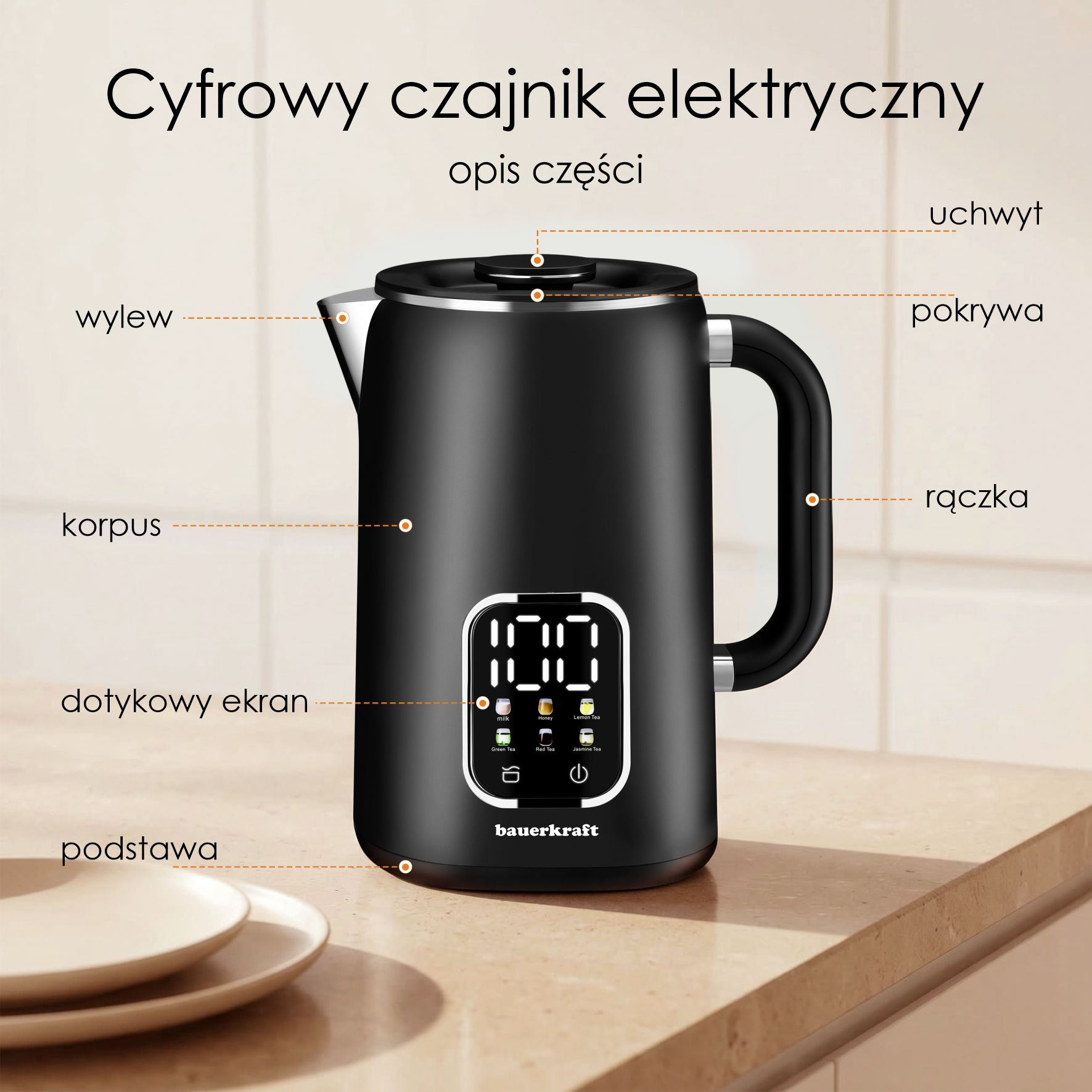 Czarny czajnik elektryczny z cyfrowym wyświetlaczem do ustawień herbaty i mleka.