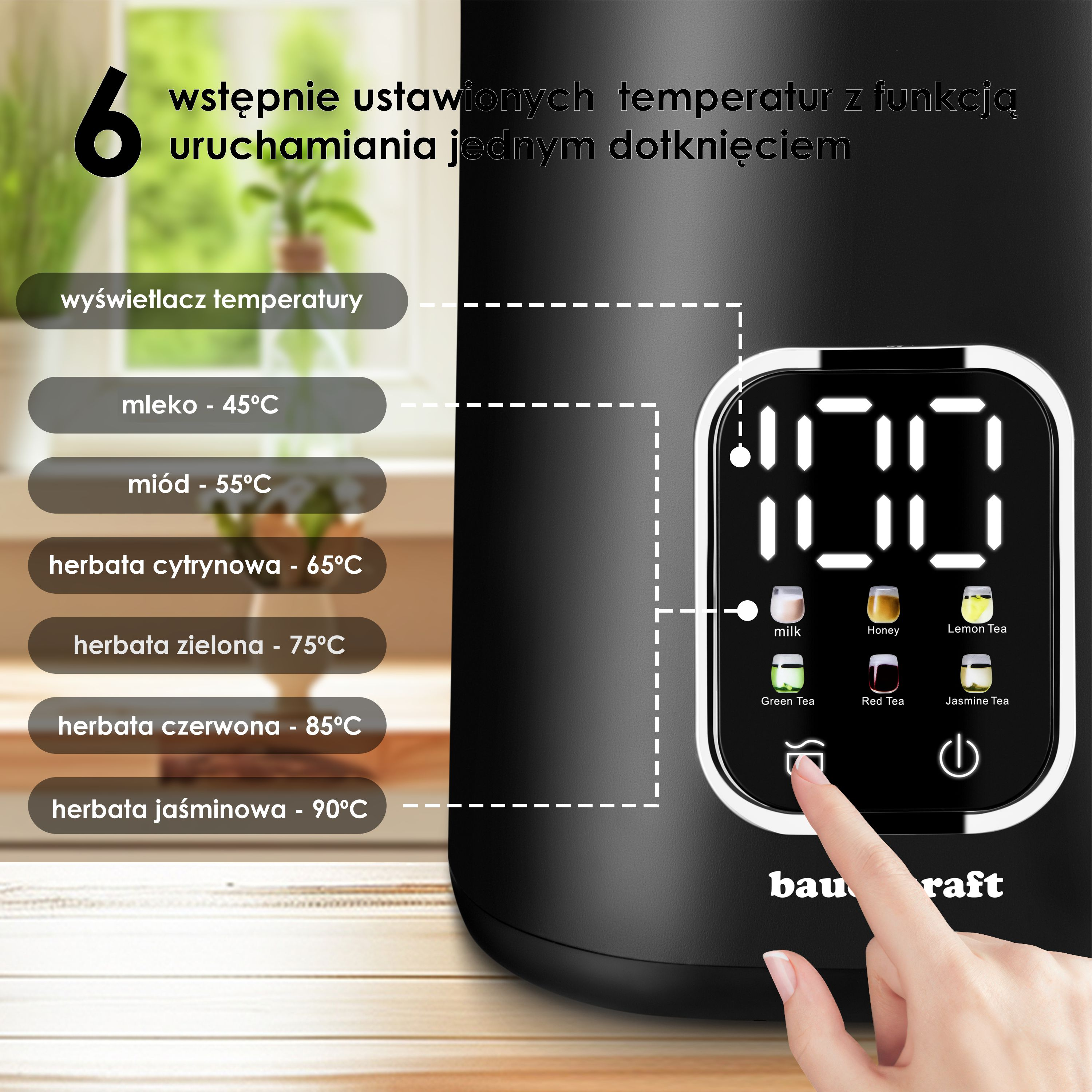 Czajnik elektryczny z cyfrowymi ustawieniami dla herbaty i mleka, wyświetla temperatury.