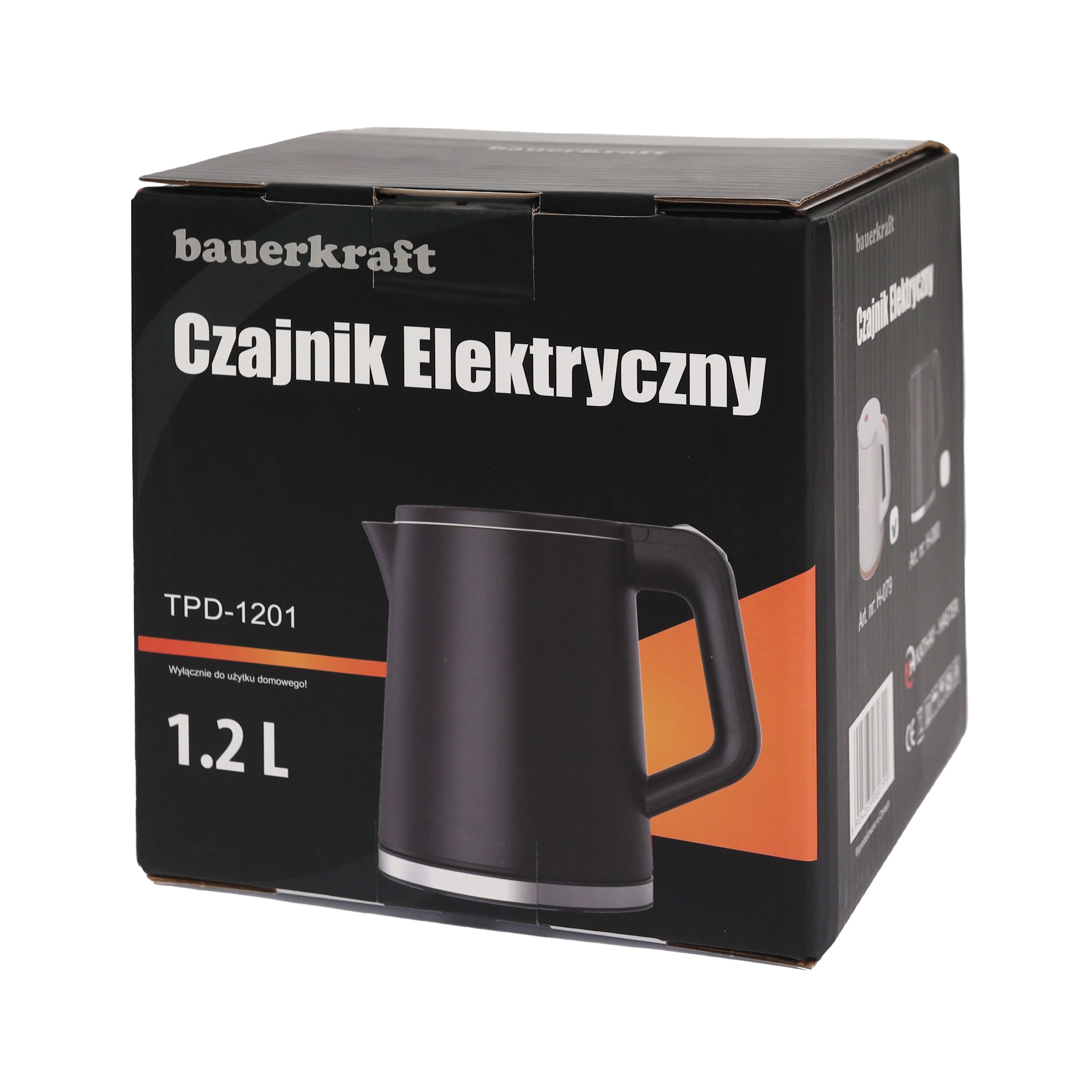 Czarny czajnik elektryczny na czarnym opakowaniu z napisem 'Czajnik Elektryczny'.