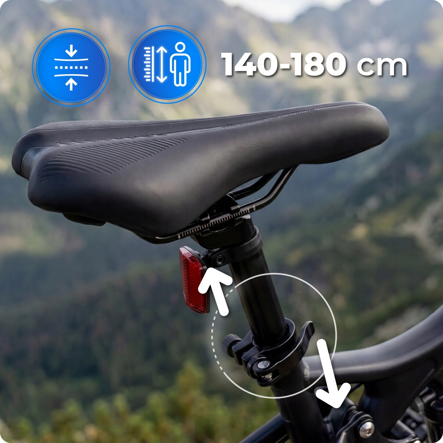 Siodło rowerowe z regulacją wysokości (140-180 cm) i odblaskiem.