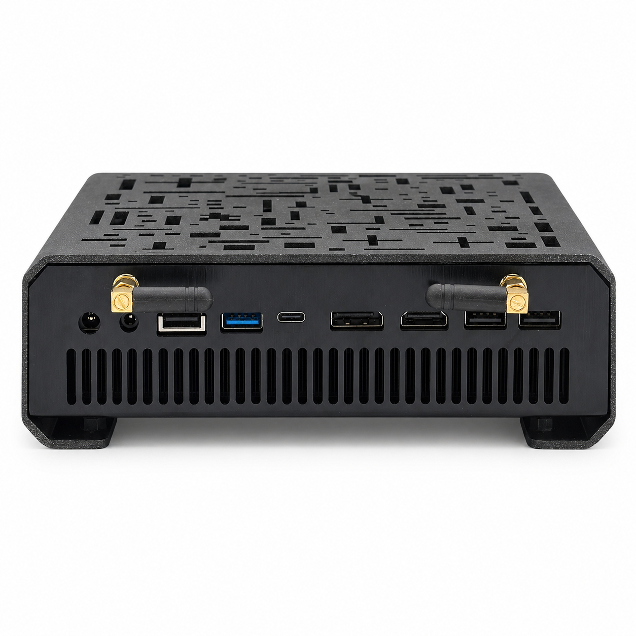Czarny mini PC z otworami wentylacyjnymi i portami: USB, USB-C, HDMI, anteny.