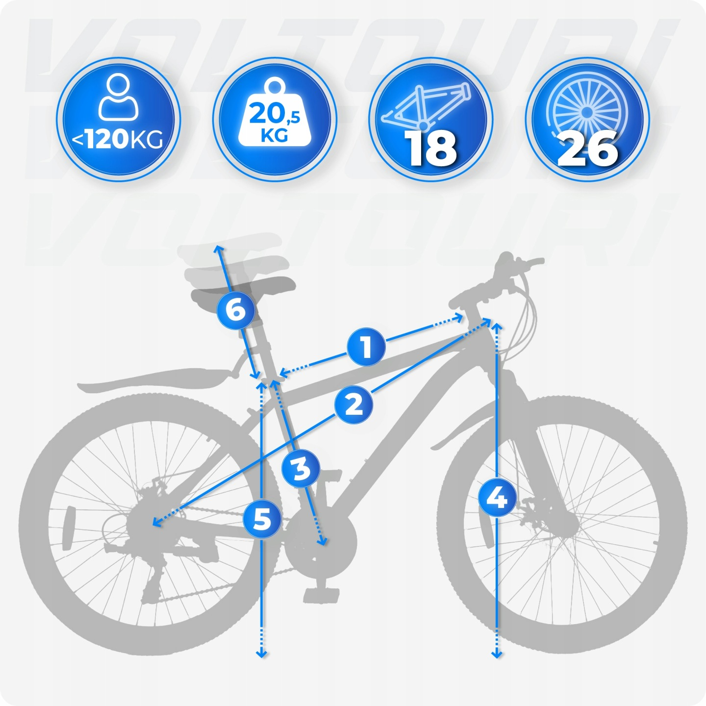Ilustracja roweru ze znacznikami i specyfikacjami: <lt/>120KG, 20,5KG, 18, 26, 1-6.