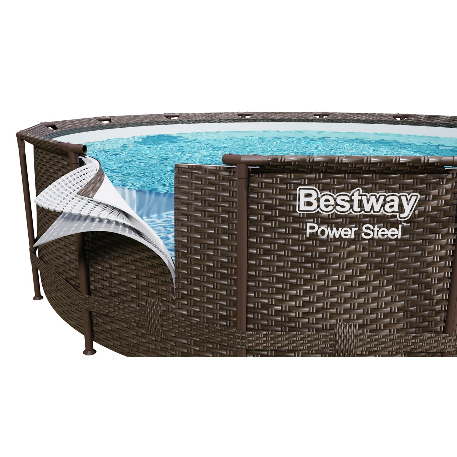 Brązowy basen Bestway Power Steel z wodą. Widoczna biała wykładzina.