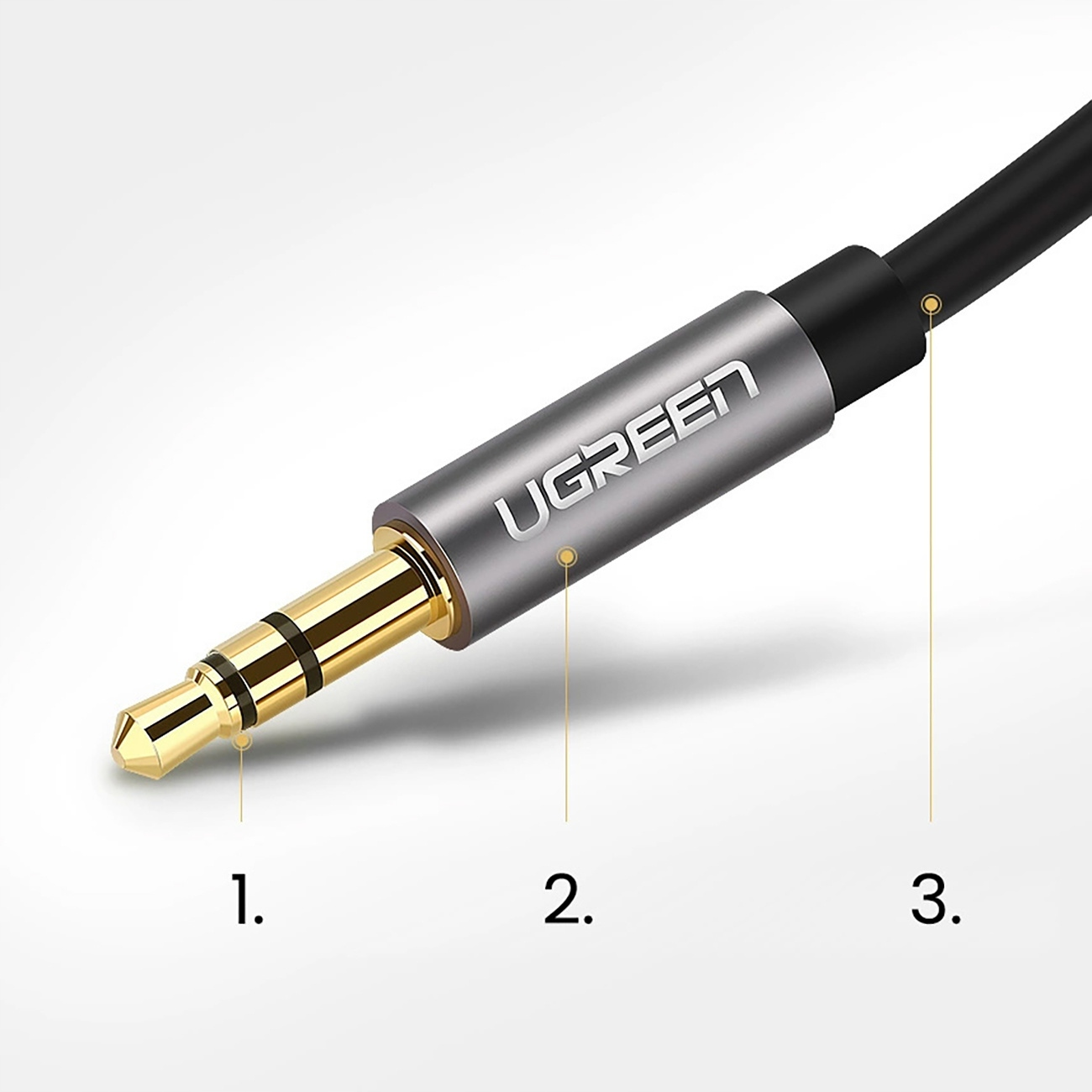 Ein goldener 3,5-mm-Klinkenstecker mit "UGREEN"-Logo auf grauem Gehäuse.