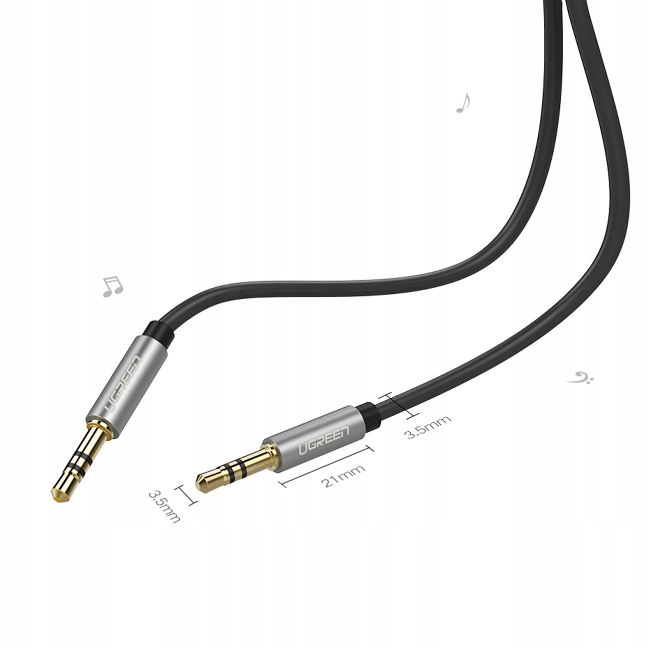Zwei UGREEN 3,5-mm-Audiokabel mit vergoldeten Steckern und silbernen Gehäusen.