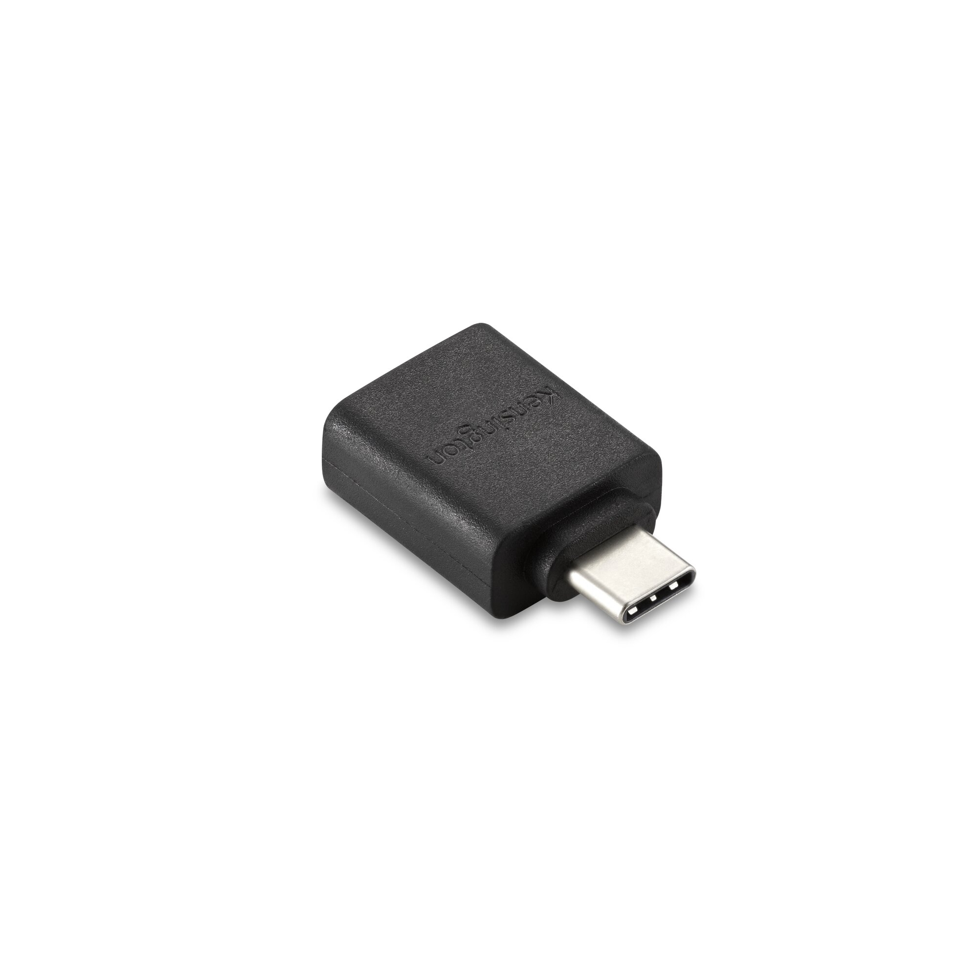 Un adaptateur USB-C noir avec le logo Kensington.