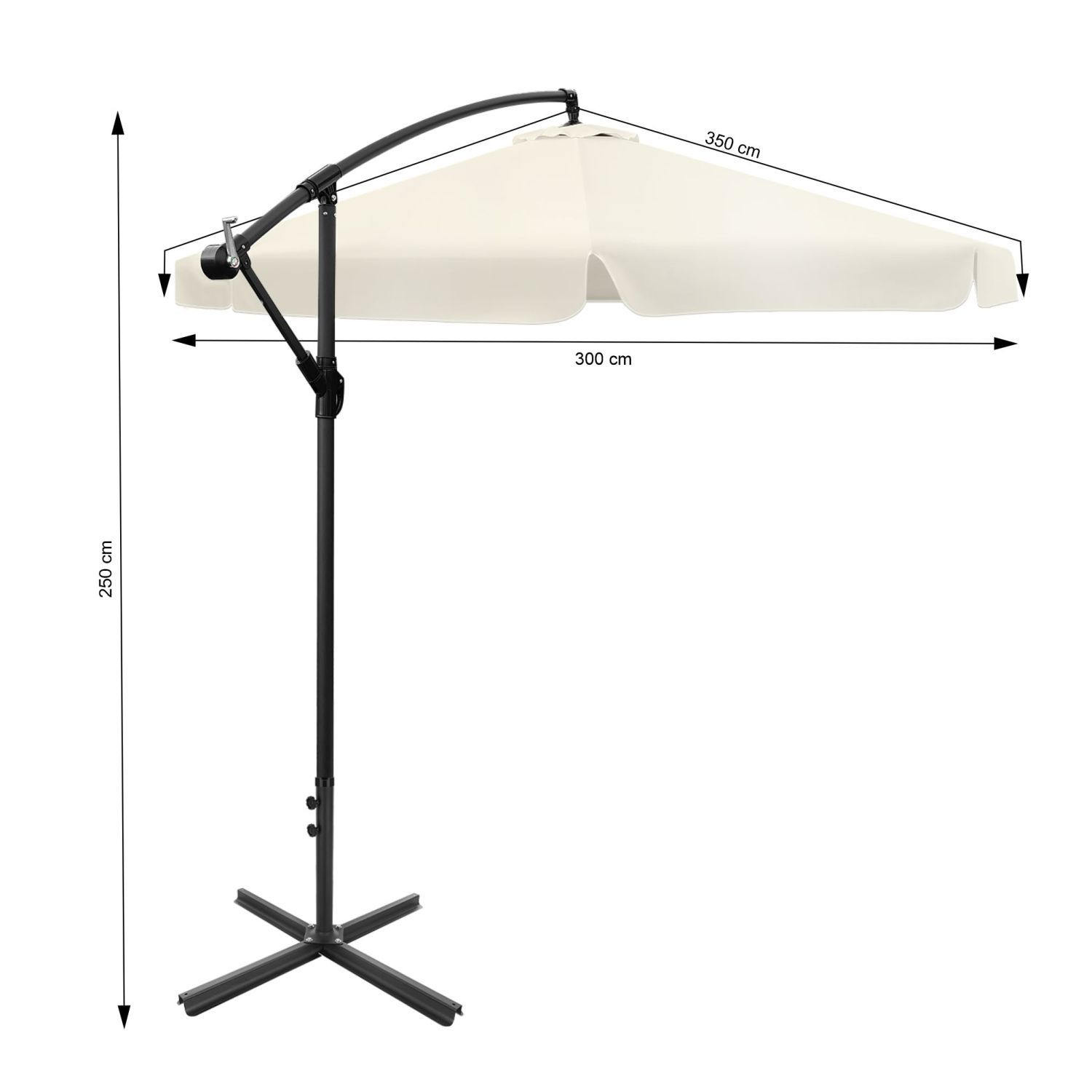 Beżowy parasol boczny z czarną metalową podstawą, wysoki na 250cm, szeroki na 300cm.